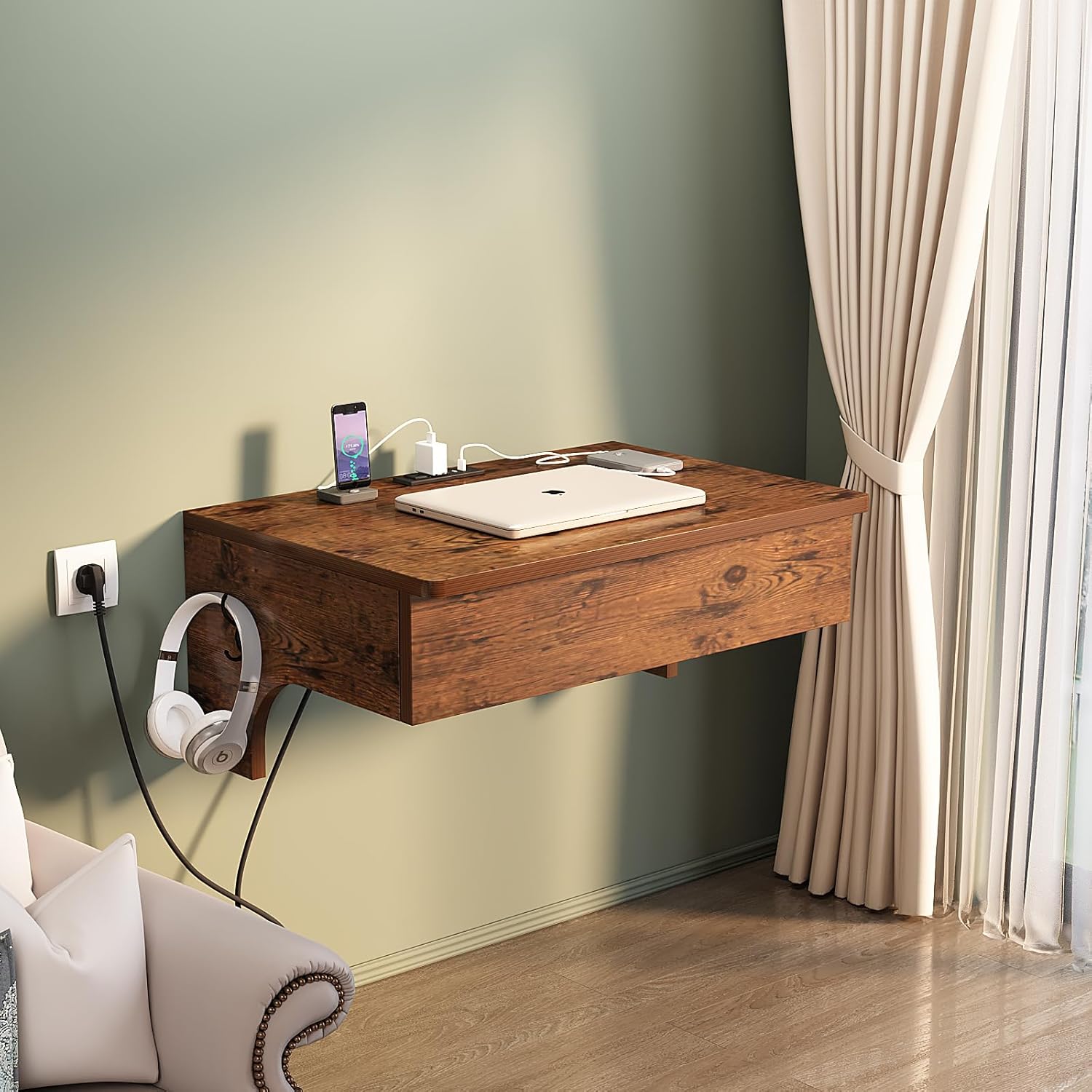MIN WIN Escritorio de pared flotante para computadora con tomas de corriente y puertos USB, escritorio pequeño de pared para computadora portátil
