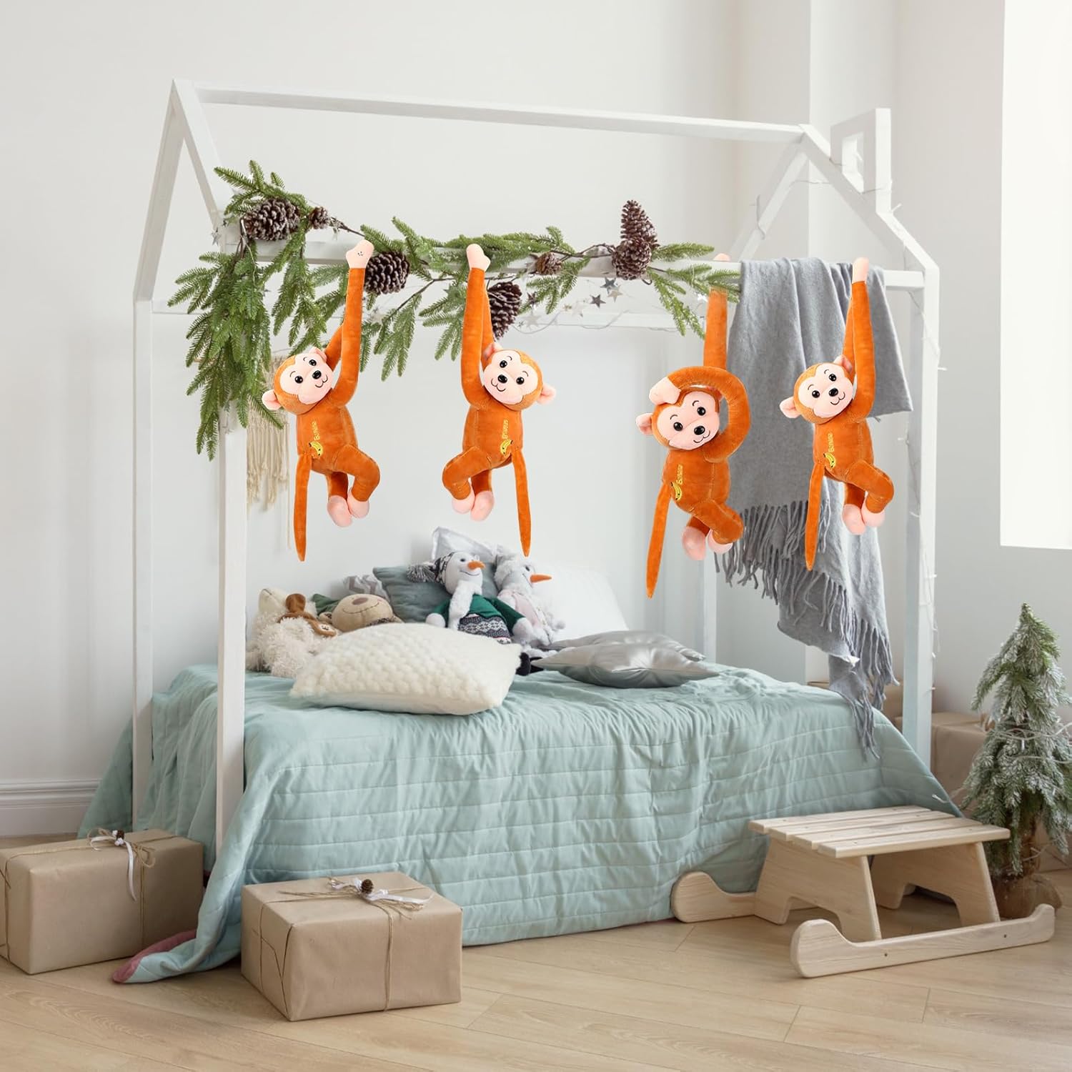 Paquete de 4 monos de peluche colgantes de 17.8 pulgadas con cierres de gancho y bucle, regalos de juguetes de peluche para adolescentes y adultos,