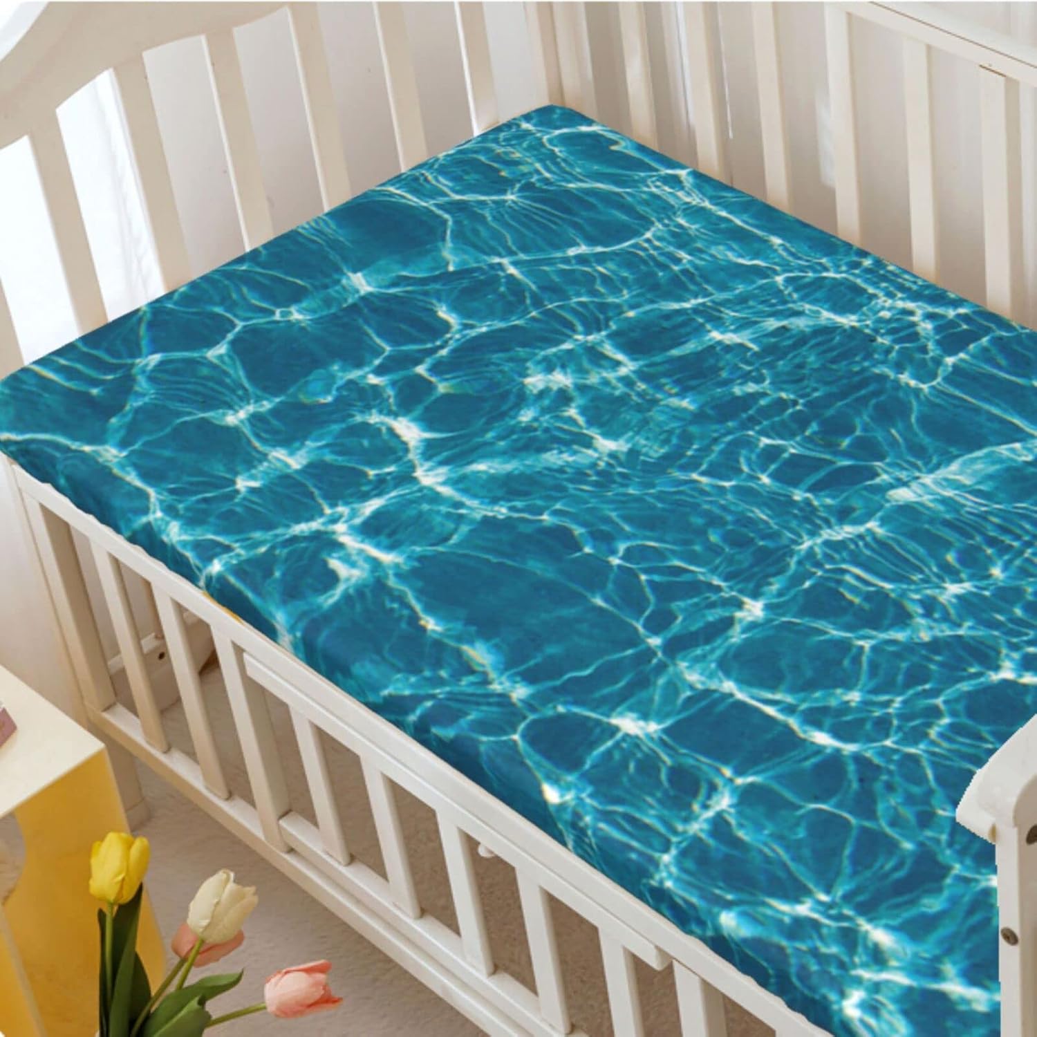 Sábanas bajeras ajustables para cuna pequeña con temática oceánica, sábanas portátiles para cuna para niño o niña, 24 x 38 pulgadas, turquesa