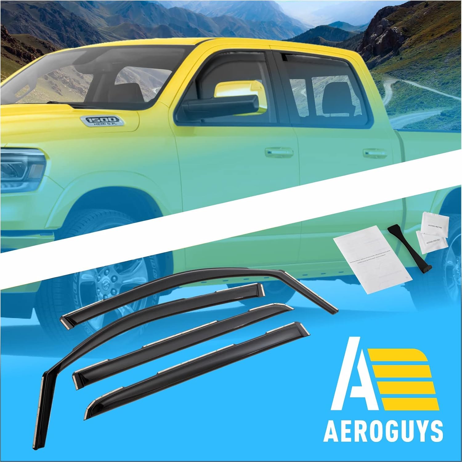 Deflectores de ventana en el canal, viseras de ventana extra duraderas, protectores de lluvia aptos para Dodge Ram 1500 2019-2023 Crew Cab, viseras