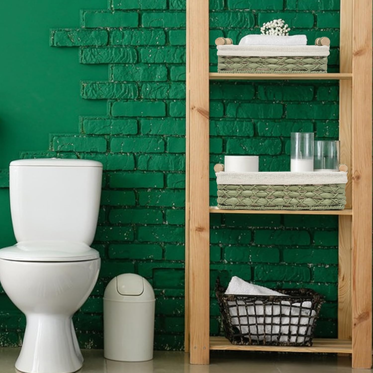 Cesta de almacenamiento de mimbre para organizar con asa, cubos de almacenamiento decorativos para encimera, cesta de almacenamiento de papel
