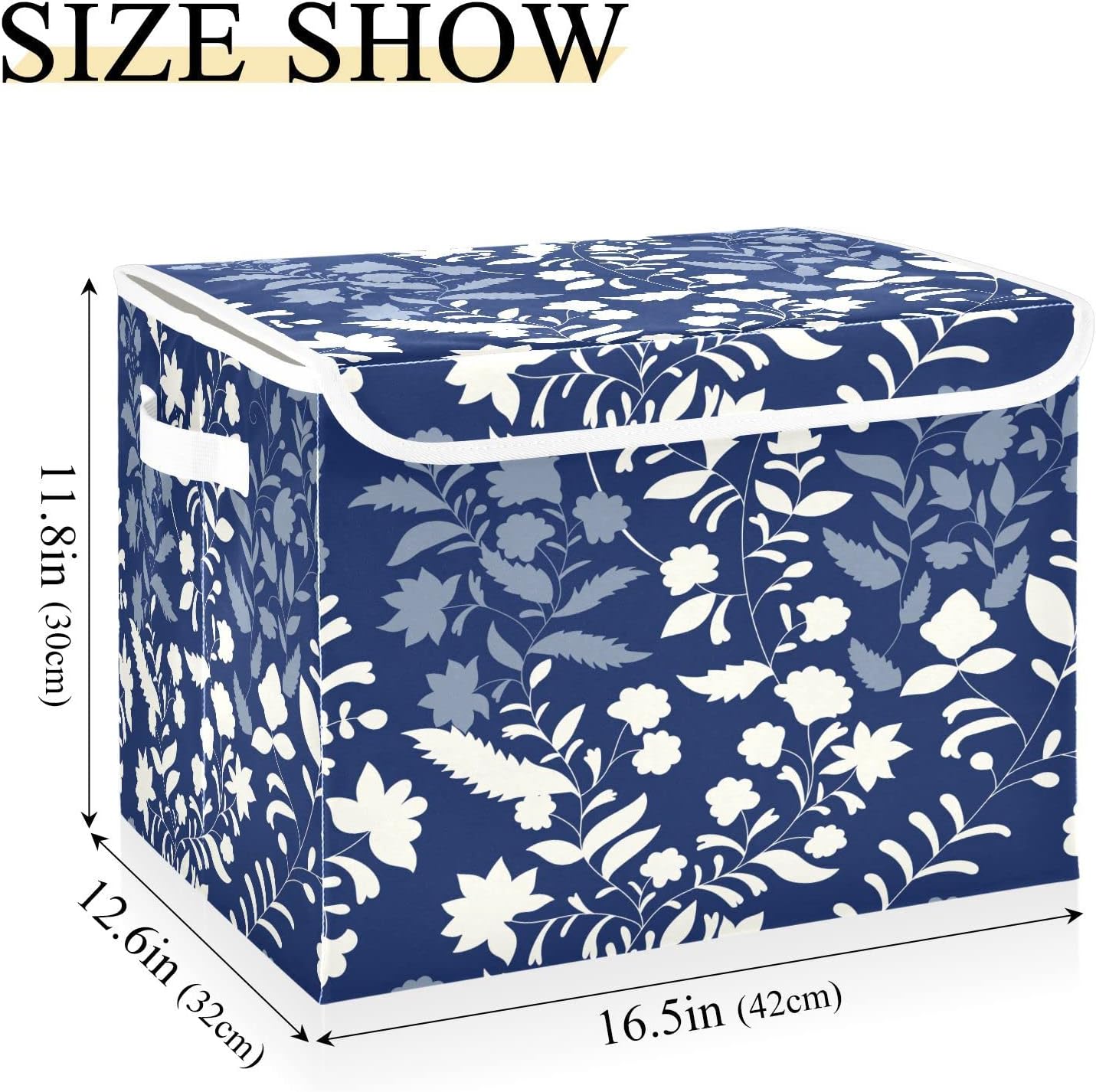 Caja de almacenamiento plegable de flores azules y blancas con tapa, organizador de armario con asa, lavable y apilable