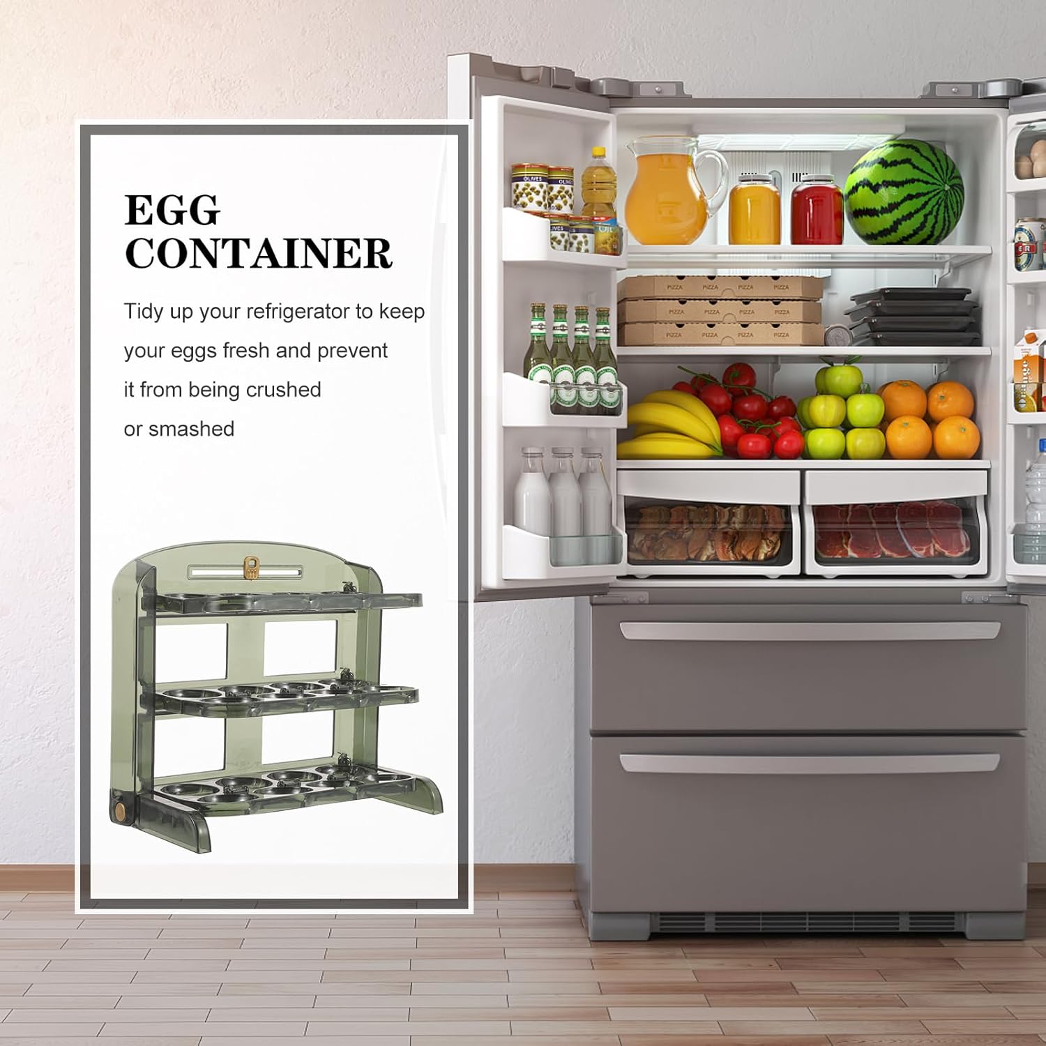 BESPORTBLE Soporte para huevos de 30 rejillas para refrigerador, contenedor de almacenamiento de huevos abatible de 3 capas para puerta de
