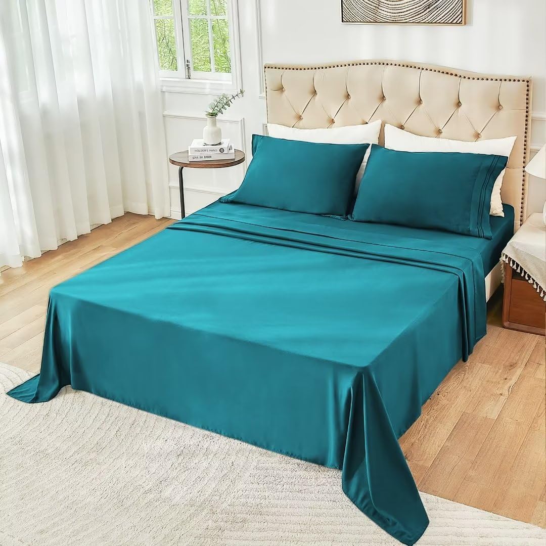 Juego de sábanas de tamaño matrimonial color verde azulado, juego de sábanas bajeras y fundas de almohada, 4 piezas de microfibra suave y