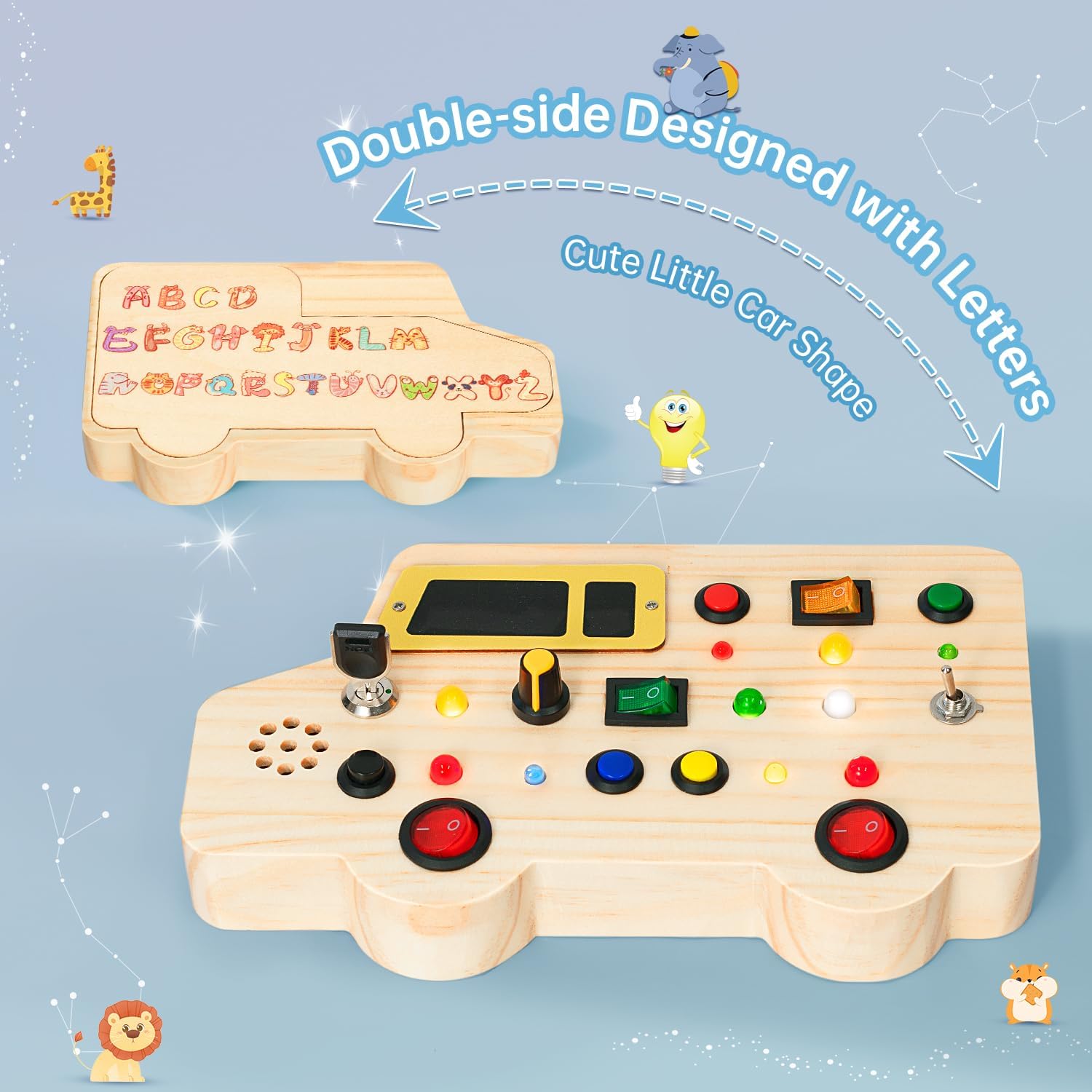 Montessori – Tabla de actividades de viaje, juguetes sensoriales con luces LED, tablero de madera para automóvil con diseño de doble cara, juguete