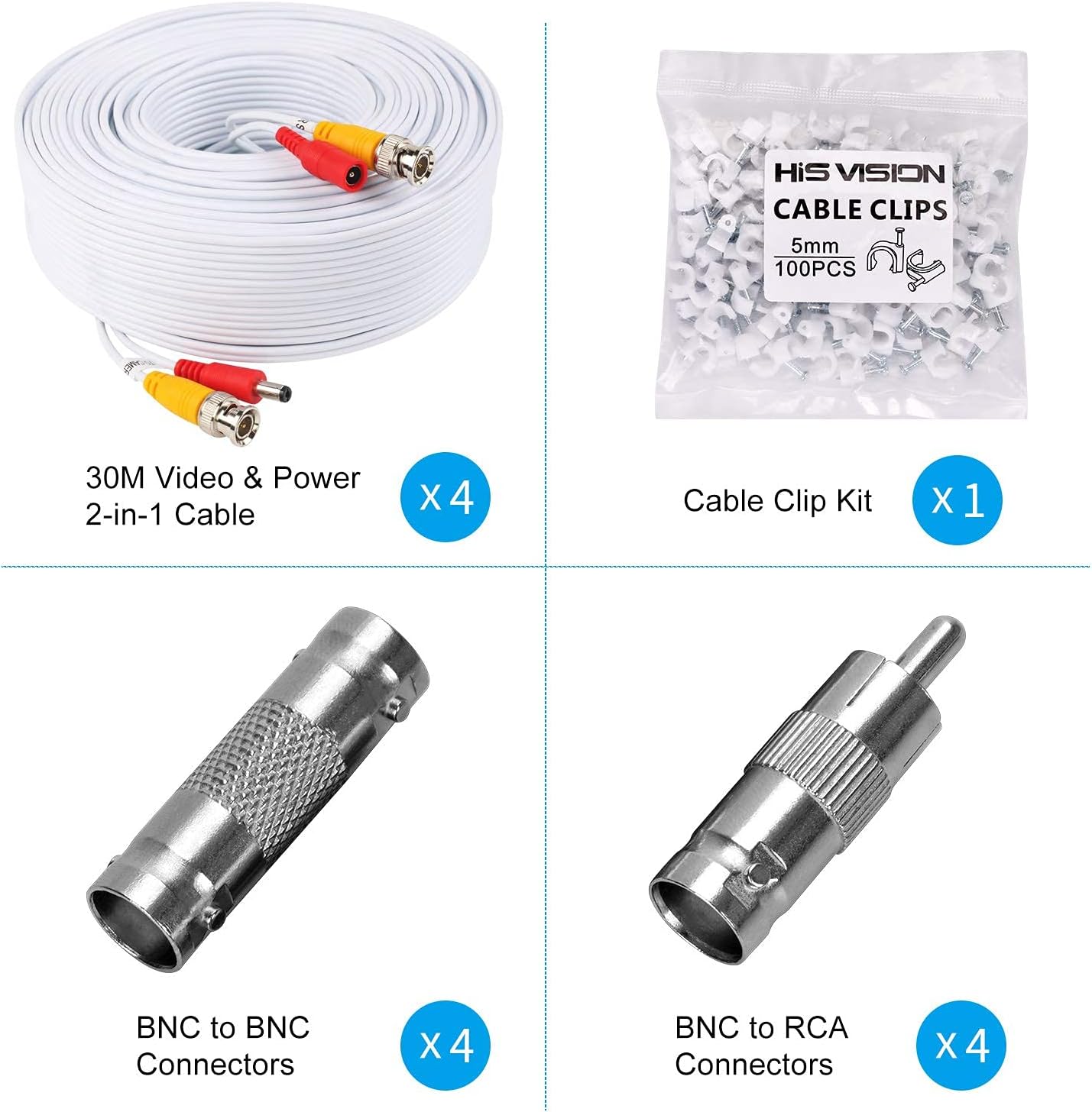 Paquete de 4 cables de alimentación de video BNC 2 en 1 de 100 pies (98.4 ft), cable de extensión de cable de cámara de seguridad para sistema de