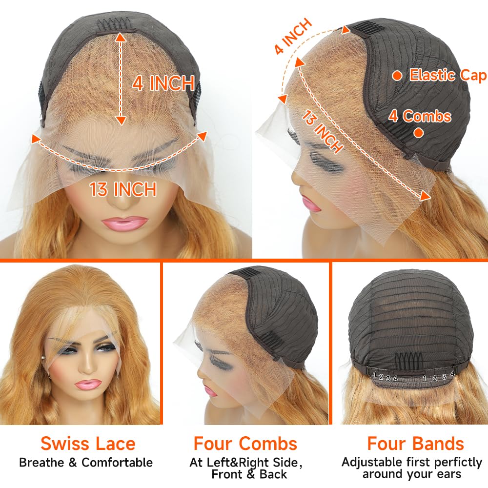 Peluca de cabello humano rubio miel con encaje frontal HD de 13 x 4, pelucas de cabello humano prearrancadas con abuelitos, densidad del 180%, sin