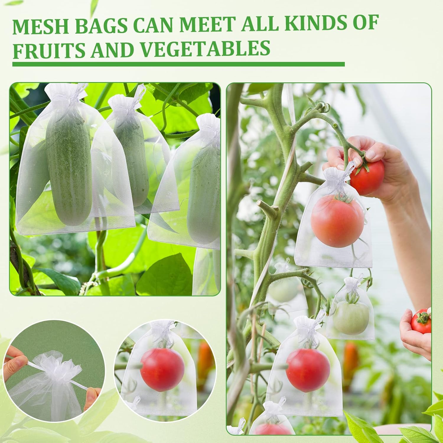 Irenare Bolsas de protección de frutas, bolsas de red de frutas con cordón de organza blanca, bolsa de malla para plantas, frutas, verduras, árboles