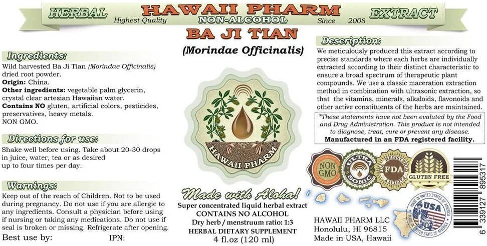 Hawaii Pharm Ba Ji Tian Extracto líquido sin alcohol, Ba Ji Tian, Morinda (Morindae Officinalis) Suplemento herbario natural de glicerita de raíz, 2