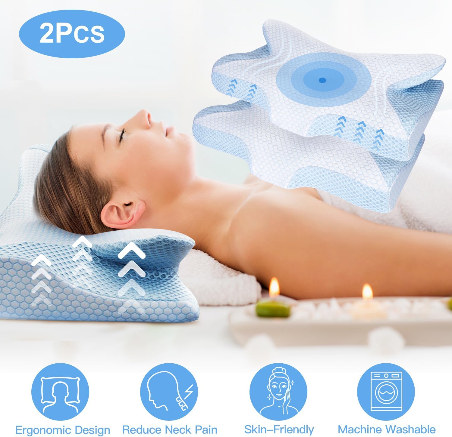 iMounTEK Paquete de 2 5 almohadas cervicales de espuma viscoelástica para aliviar el dolor, almohada de apoyo para el cuello, almohada de espuma