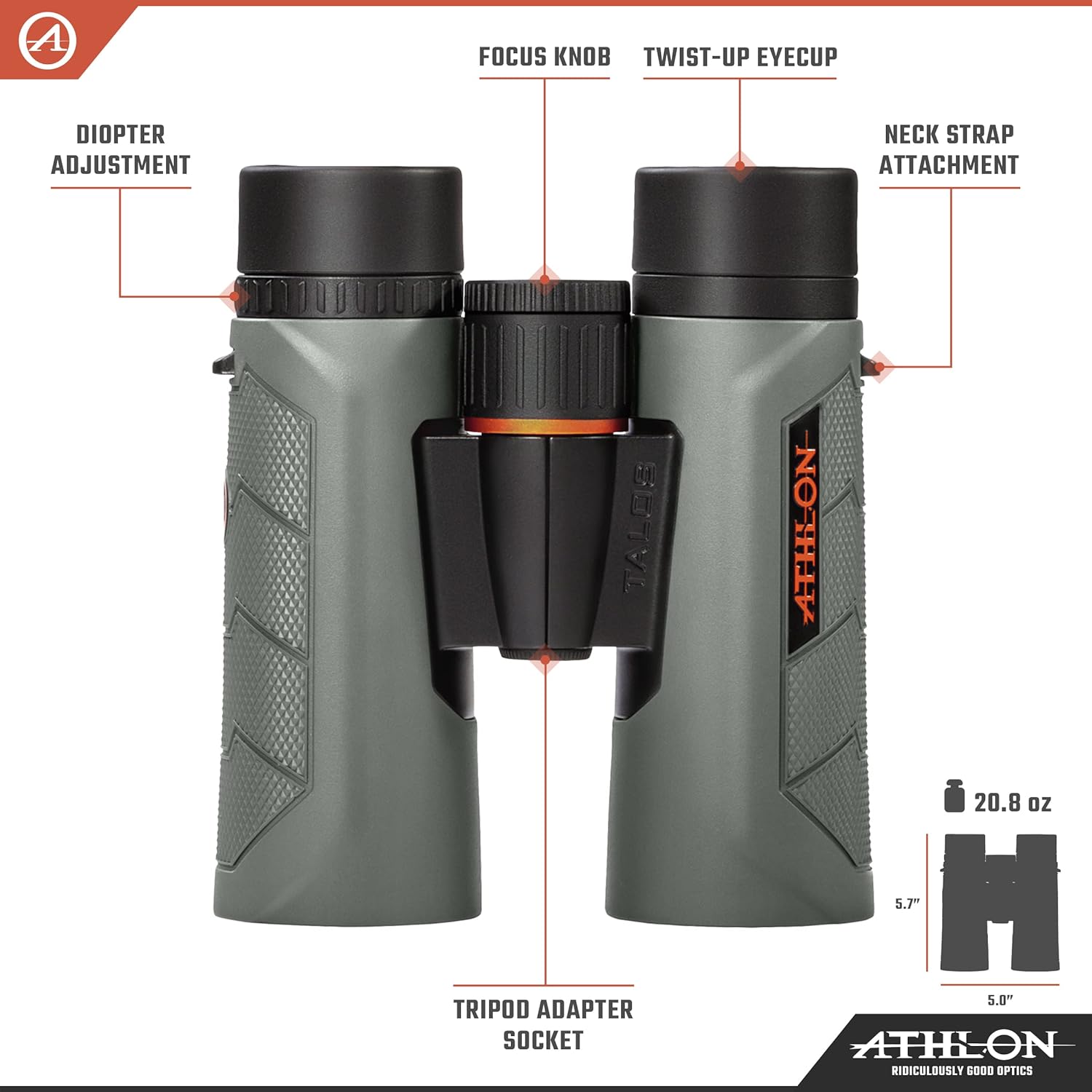 Athlon Optics Binoculares Talos G2 HD de 10 x 42 con alivio ocular para adultos y niños, prismáticos de alta potencia para caza, observación de aves