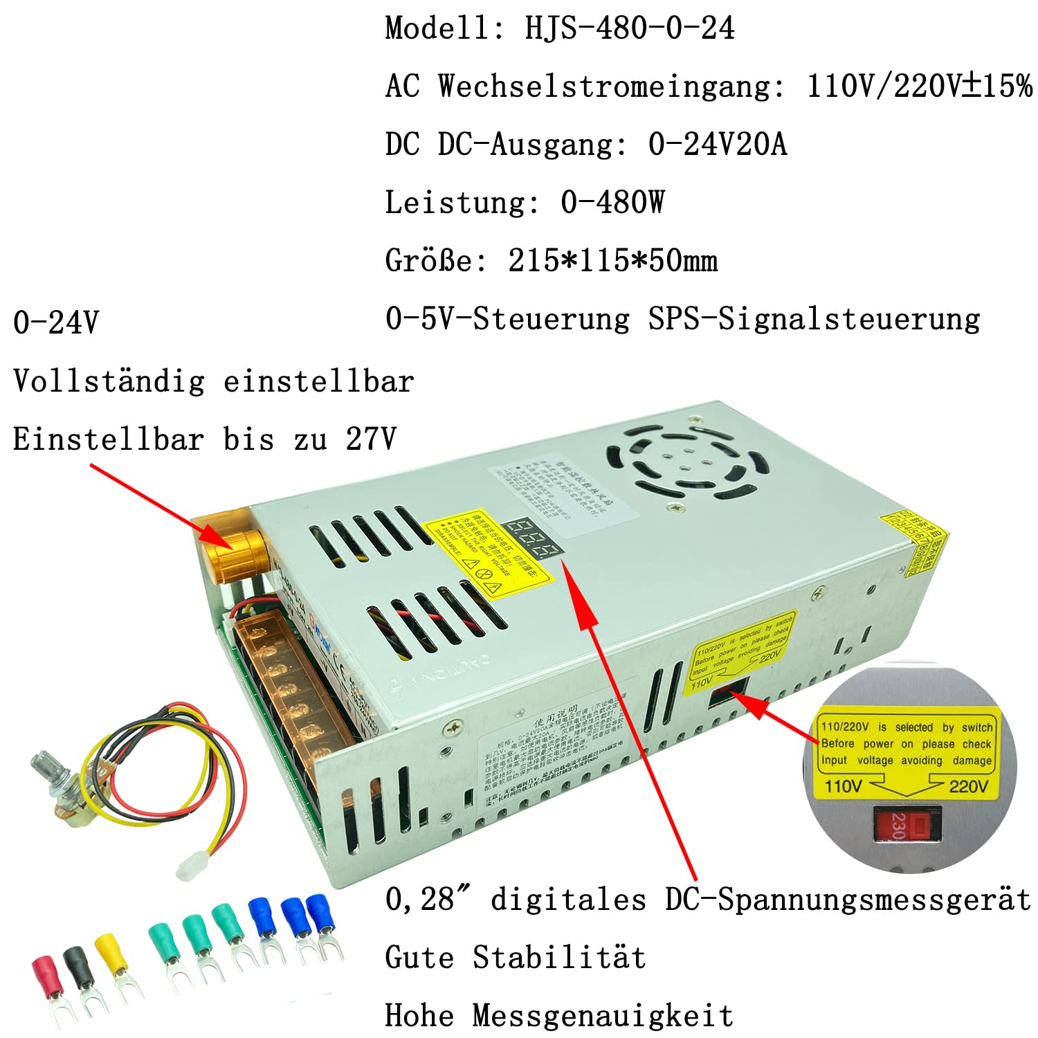 Transformer AC-DC 0-24V ajustable 20A480W pantalla digital de voltaje regulado DC fuente de alimentación de conmutación se adapta al motor de