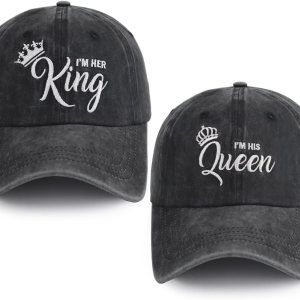 2 gorras con texto en inglés “I I’m Her King and I’m His Queen” para hombres y mujeres, ajustable de algodón lavado a juego para bodas, parejas, 2 gorras con texto en inglés “I I’m Her King and I’m His Queen” para hombres y mujeres, ajustable de algodón lavado a juego para bodas, parejas,