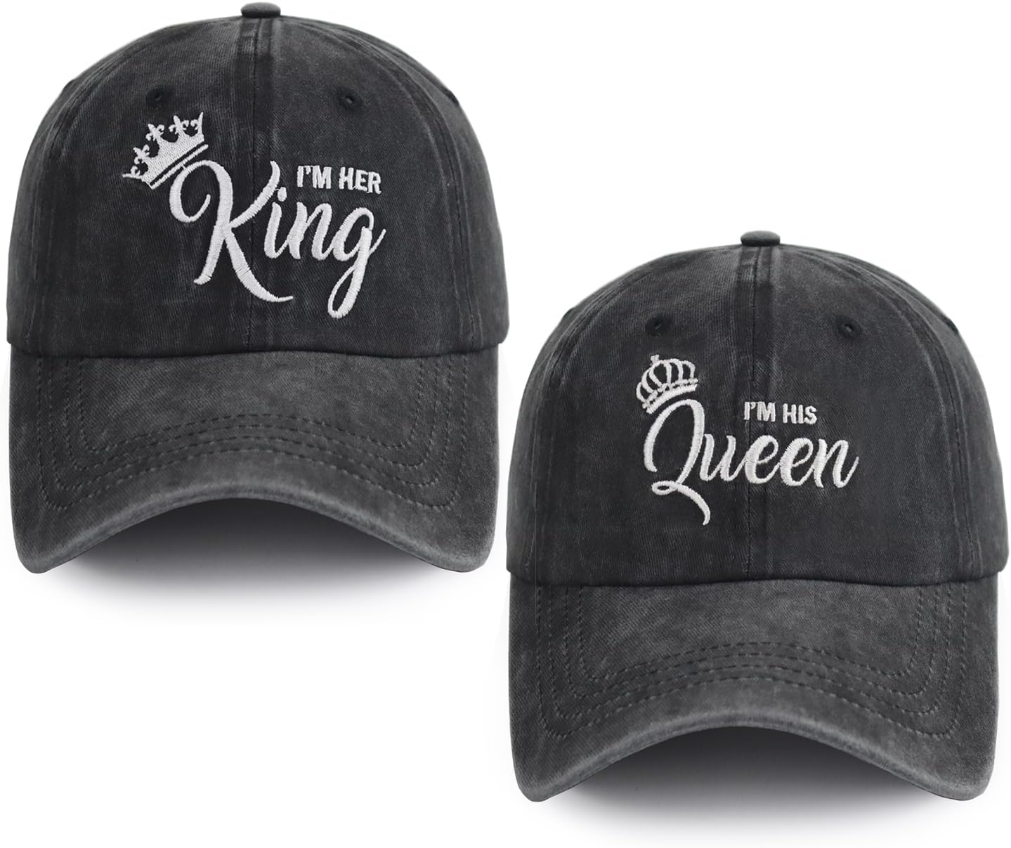 2 gorras con texto en inglés “I I’m Her King and I’m His Queen” para hombres y mujeres, ajustable de algodón lavado a juego para bodas, parejas,