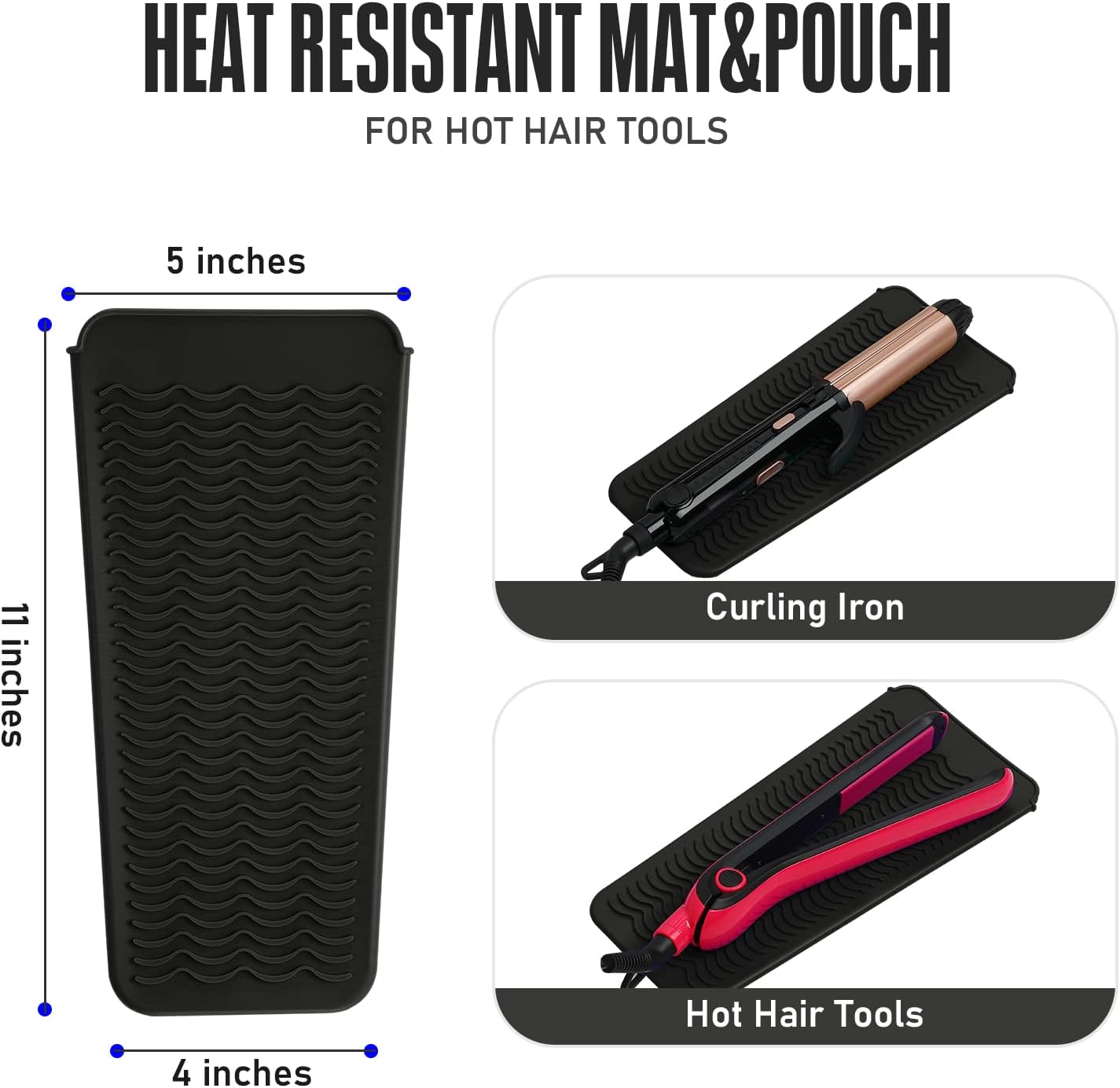 ZAKRA Bolsa de silicona resistente al calor para alisador de cabello, plancha plana, rizador, herramientas de pelo caliente (negro, 2 unidades)