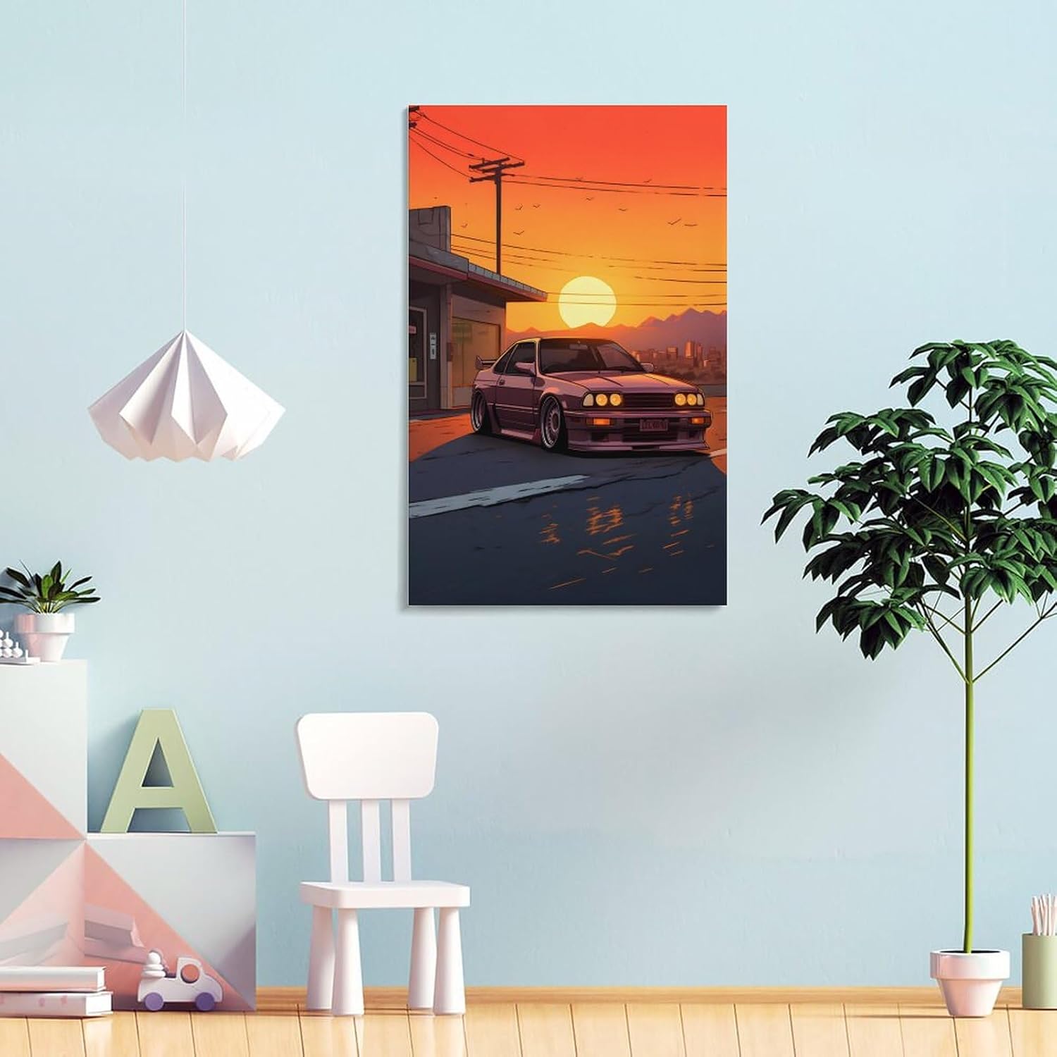Arte de pared Puesta de sol y JDM – Póster japonés de coche deportivo para decoración de interiores, pintura de pared, póster de arte de pared,