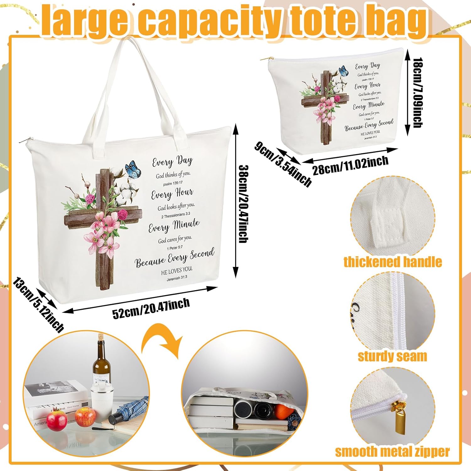 Abbylike Bolsa de lona de girasol de regalo cristiano de 2 piezas con bolsa de maquillaje, versículo de la Biblia, bolsa religiosa para regalo de