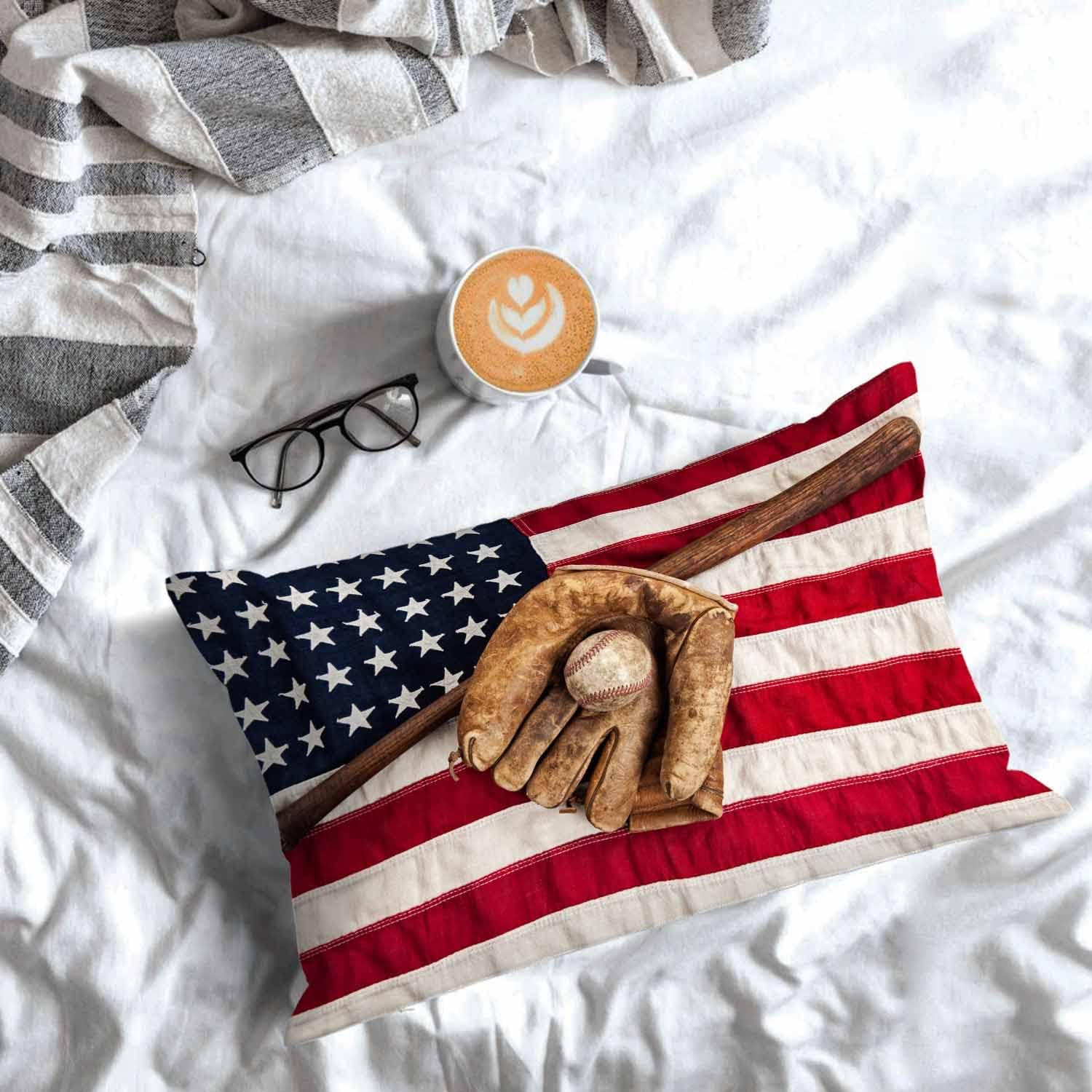 Funda de almohada de béisbol antiguo con bandera estadounidense de Estados Unidos, funda de almohada decorativa para sofá, cama, vida para niñas y