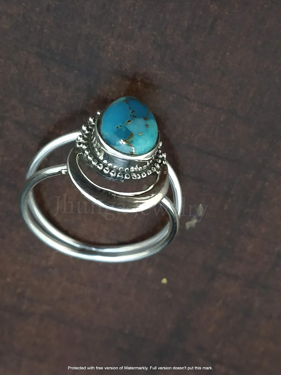 Blue Copper Turquoise ring, 925 sterling silver, Half Moon Shape Ring, Two band Ring, Boho Chic, Promise Wedding Jewelry, Classy Ring, Celestial