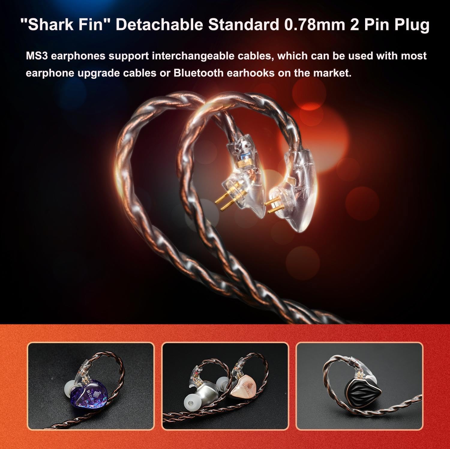 MS3 2BA+1DD Hybrid 3 Drivers HiFi in-Ear Monitores Auriculares, Desmontable 0.031 in 2 Pin Cable Reemplazable Filtros de Sintonización de Sonido