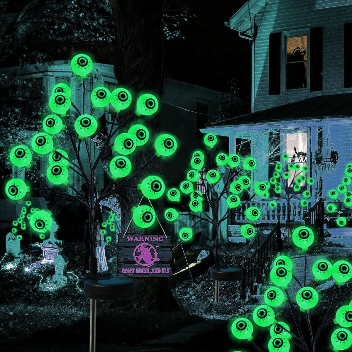 Decoraciones de Halloween para exteriores, luces solares de Halloween, paquete de 2 40 luces LED impermeables de estaca para decoración de