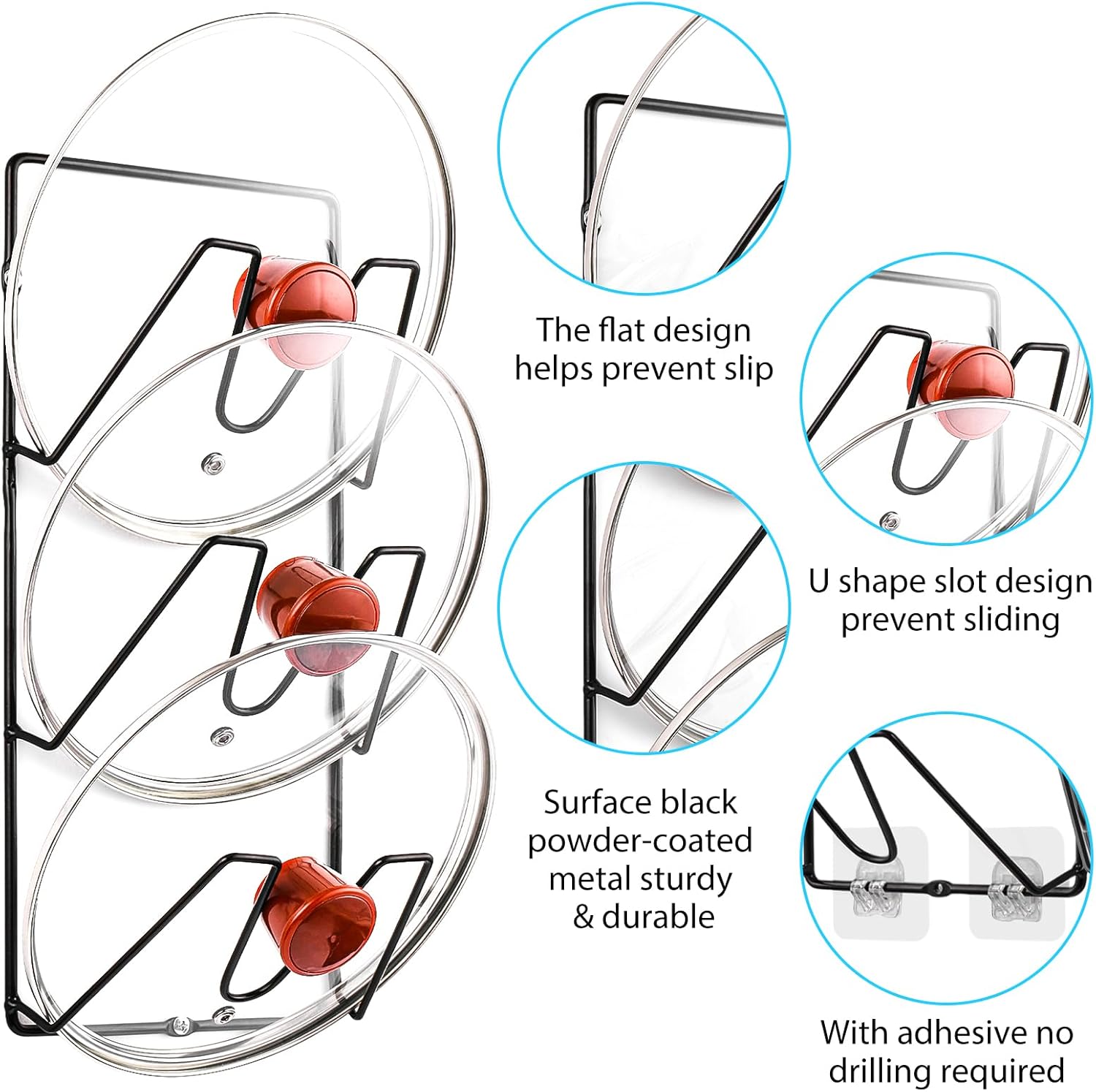 Estante organizador de tapas de ollas, soporte para tapas de ollas de 3 niveles para puerta de gabinetepared, adhesivo sin perforaciones,