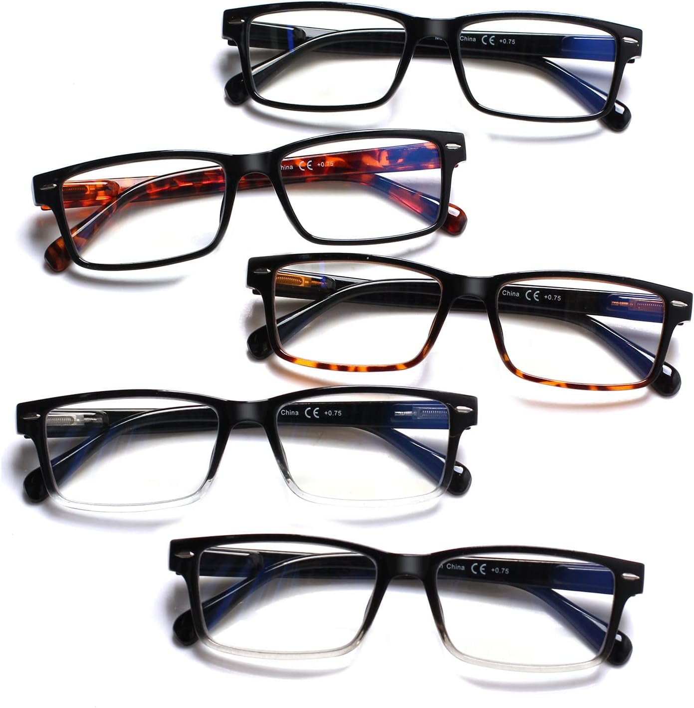 Henotin Paquete de 5 lentes de lectura de calidad, bisagra de resorte, lentes de bloqueo de luz azul para hombres y mujeres, Varios colores