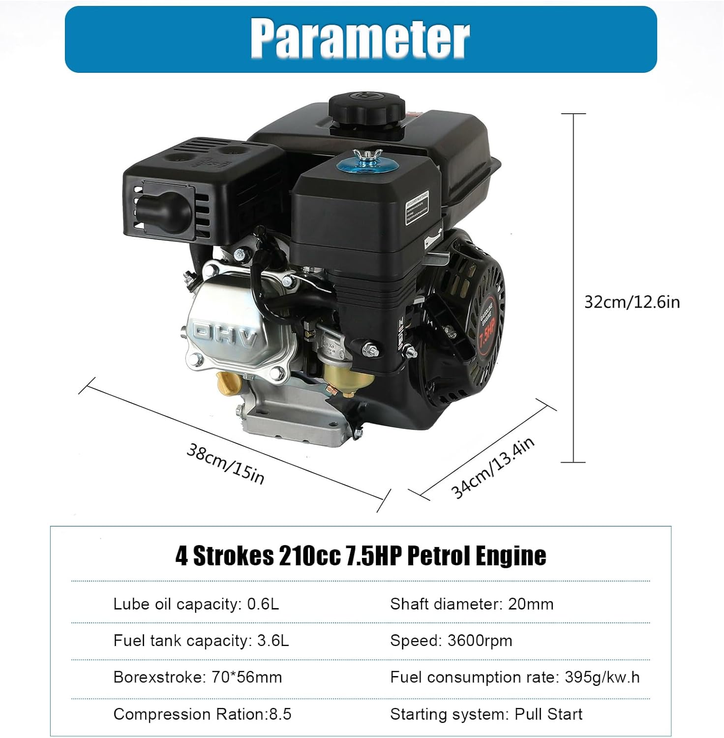 GDNTMU Motor de gas de 7.5 HP, motor de gasolina de grado industrial de 4 tiempos, 210 CC OHV, eje horizontal, retrocesoarranque de tracción, motor