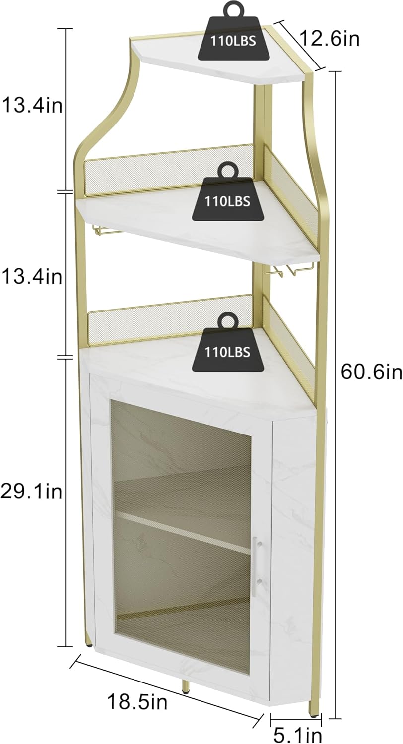 Armario esquinero para vino con estante extraíble para vino, gabinete de bar para copas de vino con estante de vidrio y puerta de malla, gabinete de