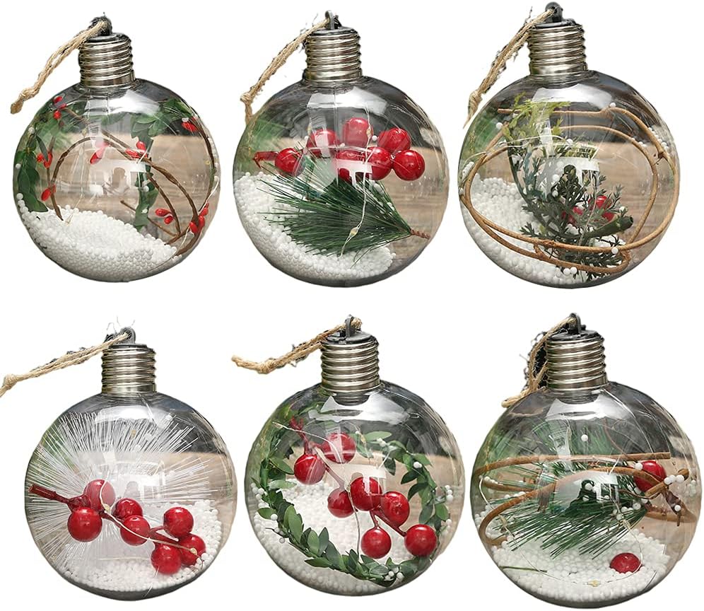 Adorno de bola de Navidad iluminada, bolas de adornos de Navidad de plástico transparente, colgantes de Navidad, adornos de bolas de Navidad con luz