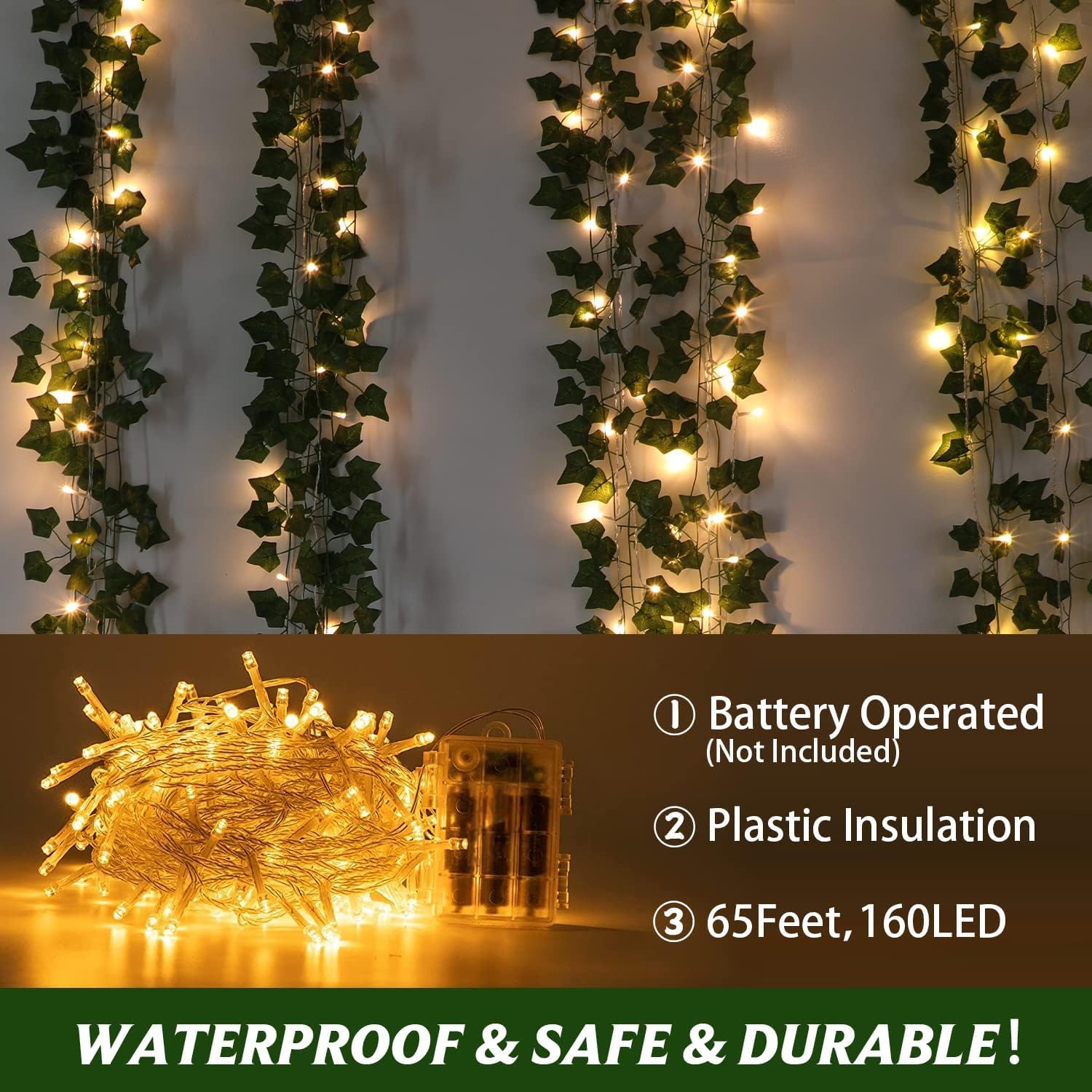 BLEUM CADE 20 hebras de enredaderas falsas de 140 pies para dormitorio con cadena de luces de 66 pies, lindas enredaderas artificiales colgantes con