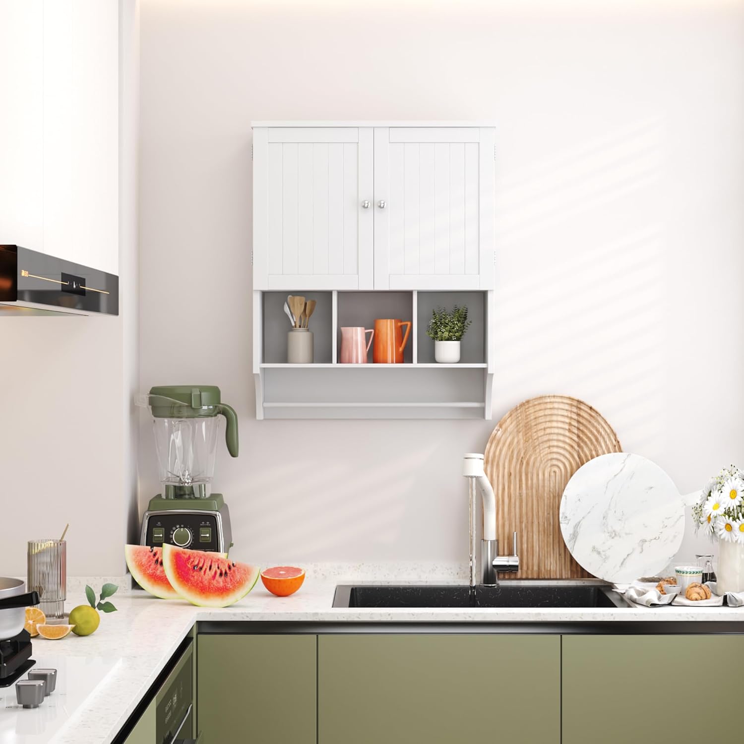 HOMEFORT Armario de pared de baño, botiquines sobre el inodoro con barra de toallas, estantes ajustables de 2 puertas, gran espacio para baño,