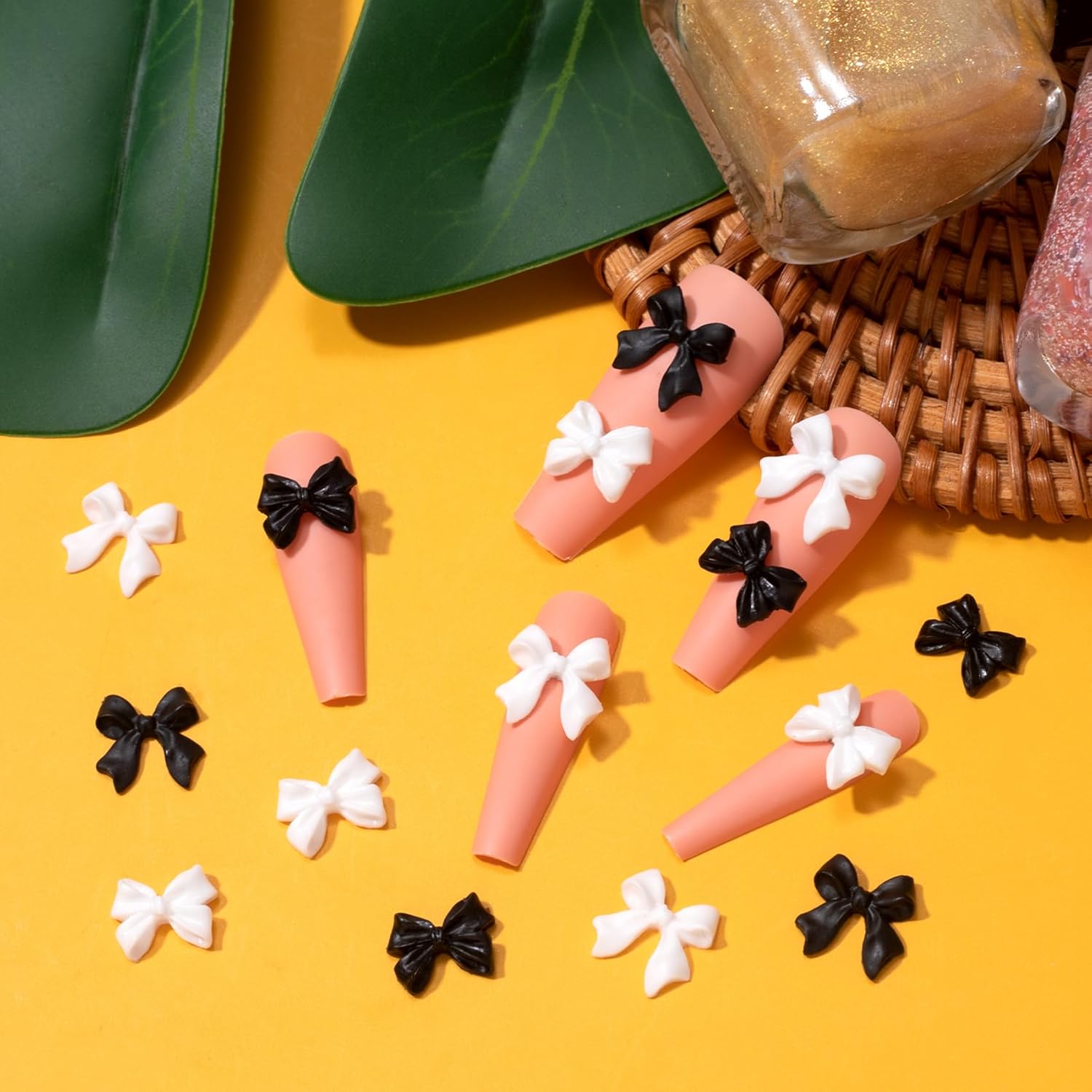 HINZIC 280 lazos de uñas 3D, lazo blanco y negro, lindo dije de mariposa de resina, perlas acrílicas para uñas, diamantes de imitación, decoración