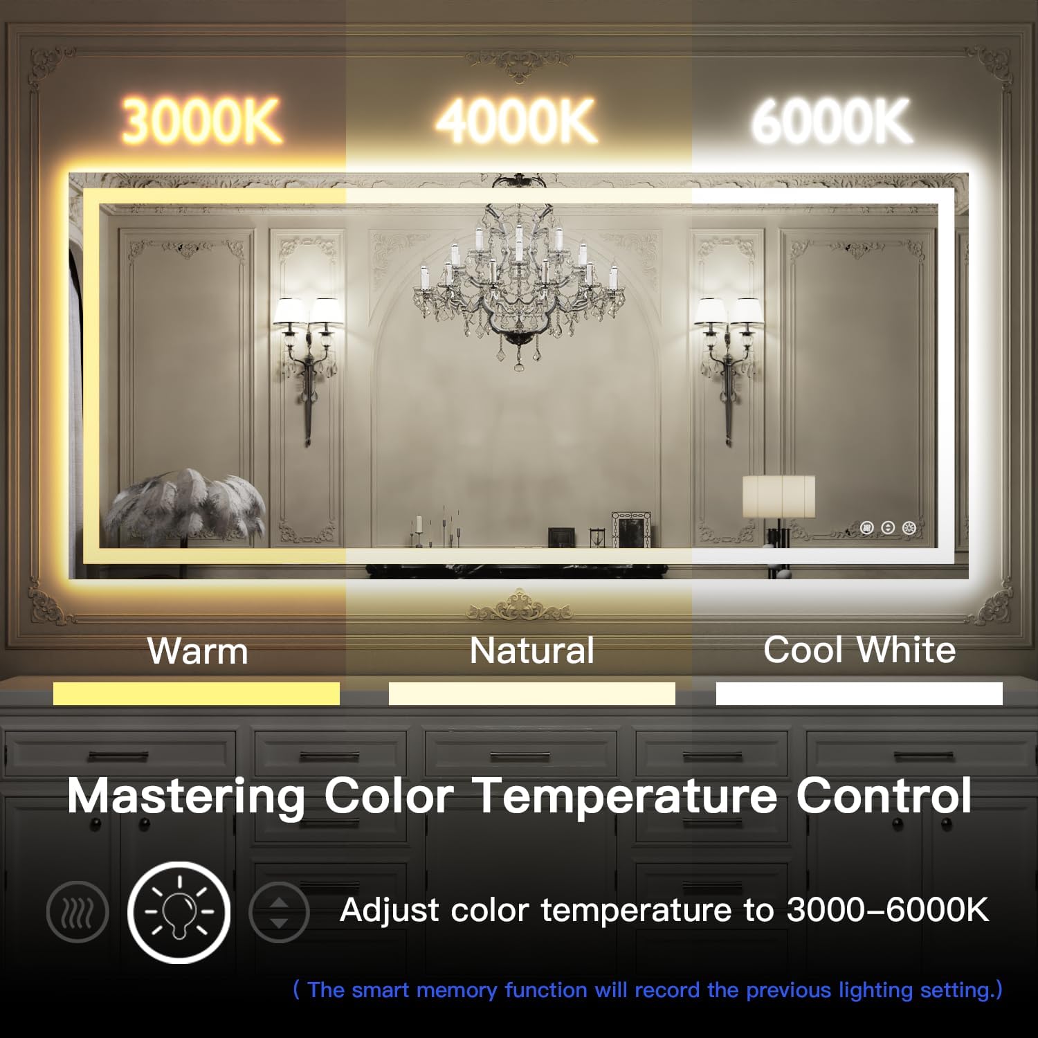 ISKM Espejo LED grande de 84 x 40 pulgadas para baño retroiluminado y frontal iluminado para montaje en pared, antiniebla, regulable, función de