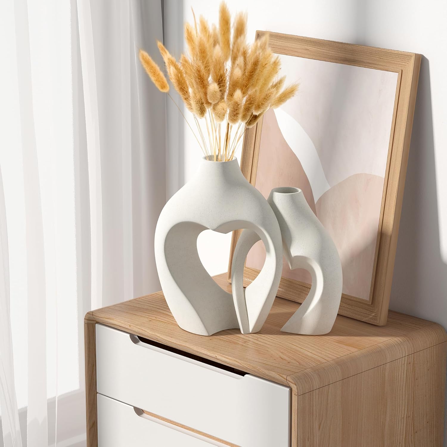 Jarrones blancos para decoración, juego de 2 jarrones de cerámica en forma de corazón, jarrones nórdicos en forma de corazón, jarrón decorativo