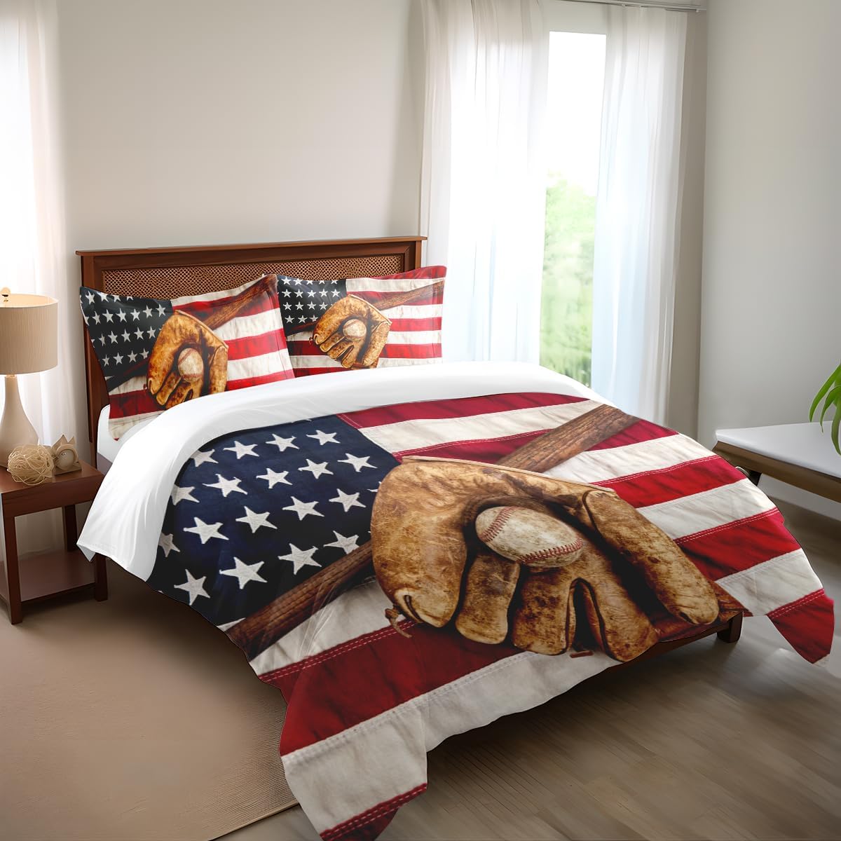 Juego de edredón de béisbol con bandera estadounidense 3D, tamaño matrimonial, ropa de cama deportiva para niños
