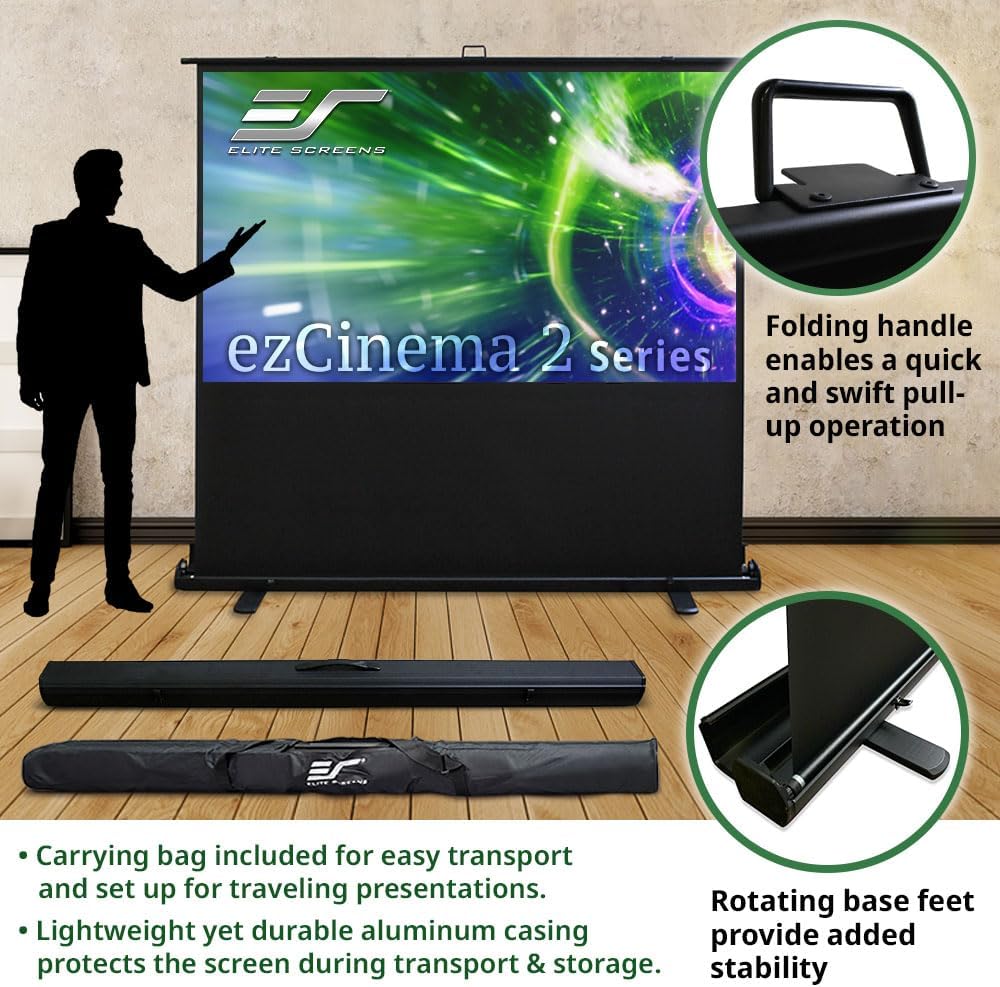Elite Screens ezCinema 2 – Pantalla de proyector, 107 pulgadas 169 manual de piso, con parte trasera de tijera, proyección frontal portátil de cine