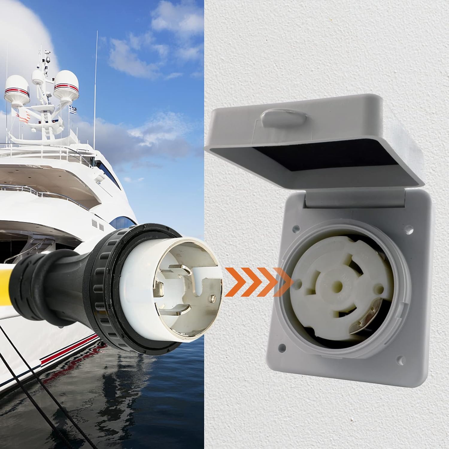 Adaptador eléctrico de alimentación marina para RV, SS2-50P macho 50A enchufe a (2) L5-30R hembra doble 30A receptáculo marino de alimentación