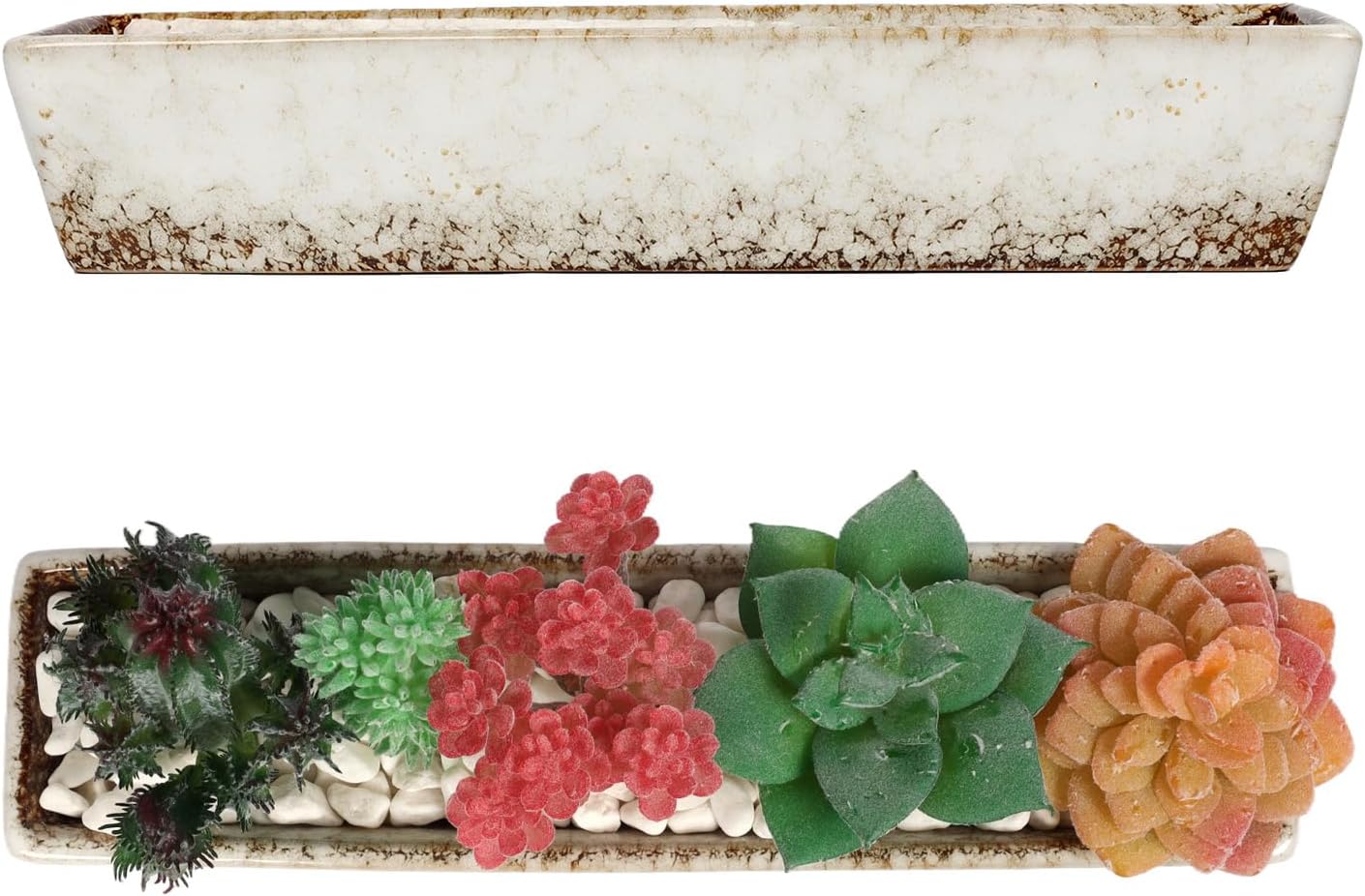 Macetero para suculentas, macetas rectangulares de cerámica para suculentas, mini contenedores de flores con platillos de bambú para oficina,