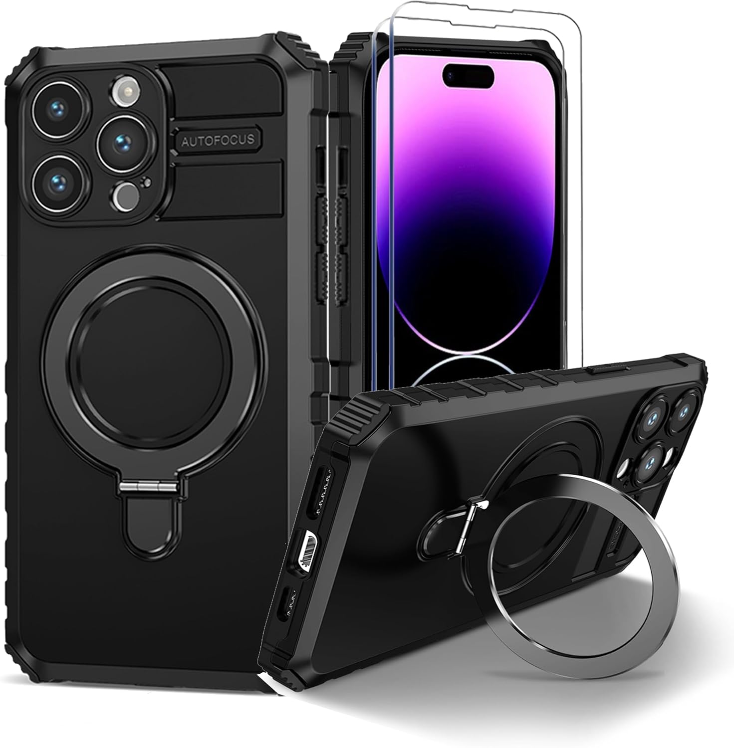 Fudley Funda magnética para iPhone 15 Pro Max compatible con MagSafe con 2 protectores de pantalla de vidrio templado con soporte de anillo, grado