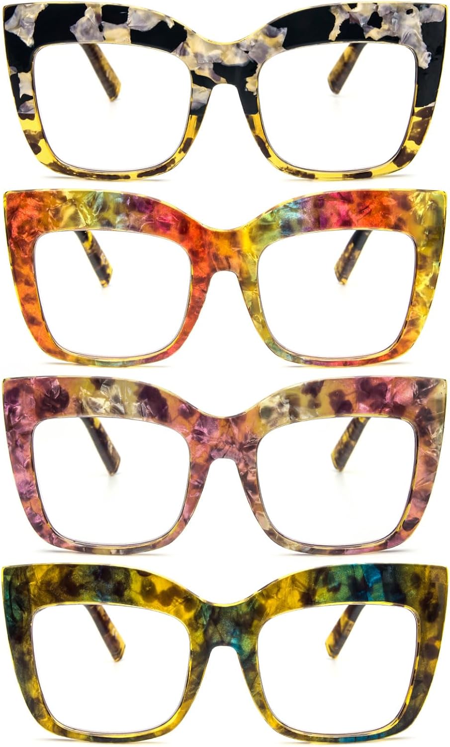 KoKoBin Paquete de 4 elegantes lentes de lectura de ojo de gato con marco grande para mujer, lectores retro de gran tamaño, bloqueo de luz azul