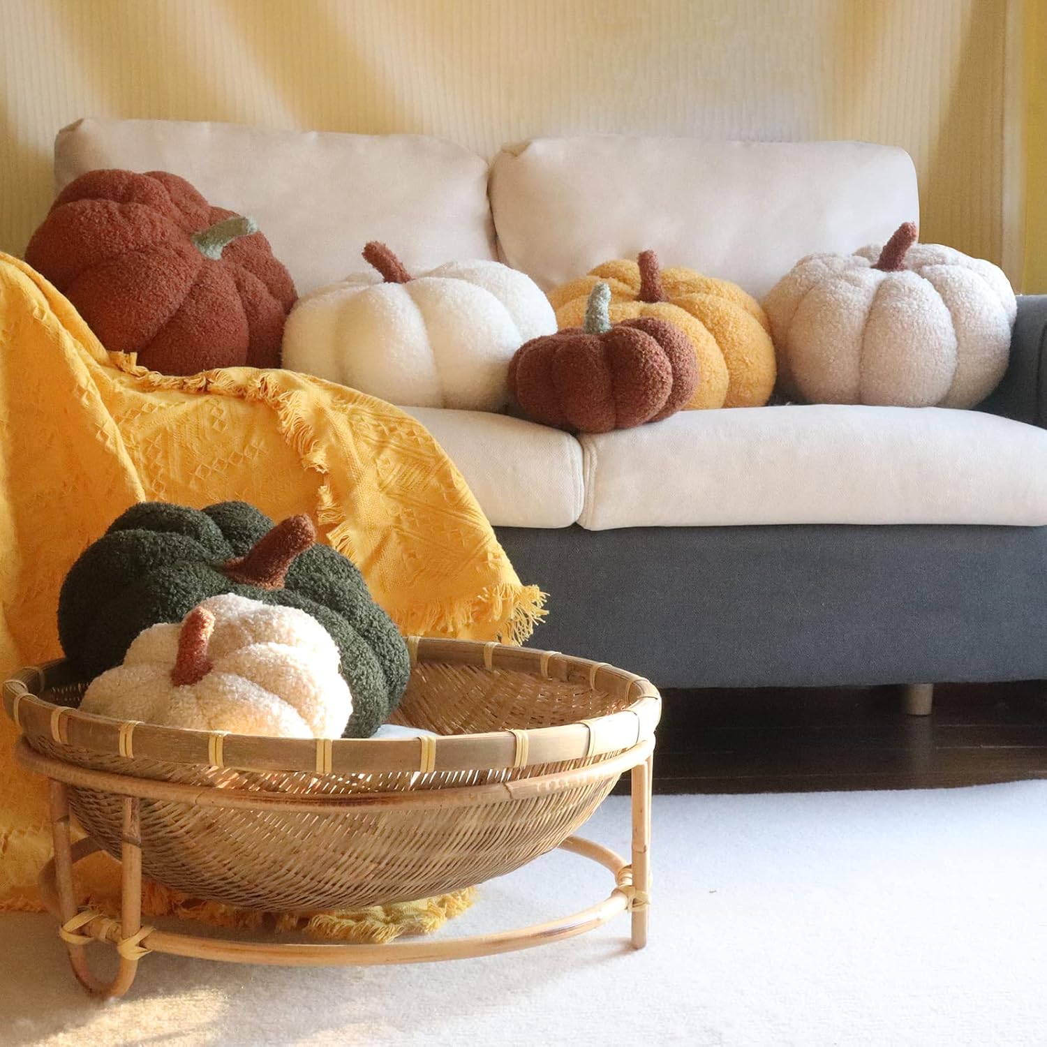 Almohadas de calabaza, almohadas amarillas en forma de calabaza para decoración de habitación, forro polar de peluche de 4 x 7 pulgadas, almohada de