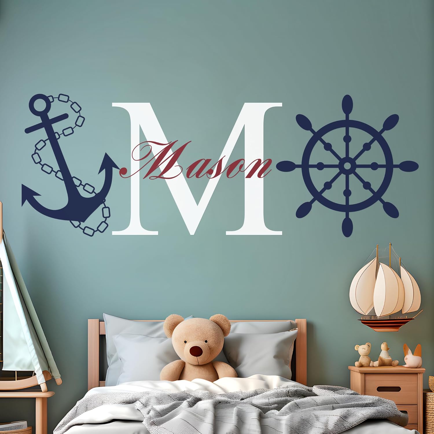 Decoración de pared con nombre, inicial de timón y anclaje, calcomanía de pared de cuarto de bebé, decoración náutica para el hogar, dormitorio,