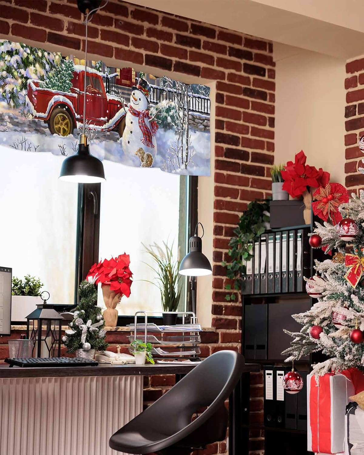 Cenefas de muñeco de nieve para ventana de cocina, camión rojo rojo con árbol de Navidad, cortinas cortas para decoración de invierno, vacaciones,