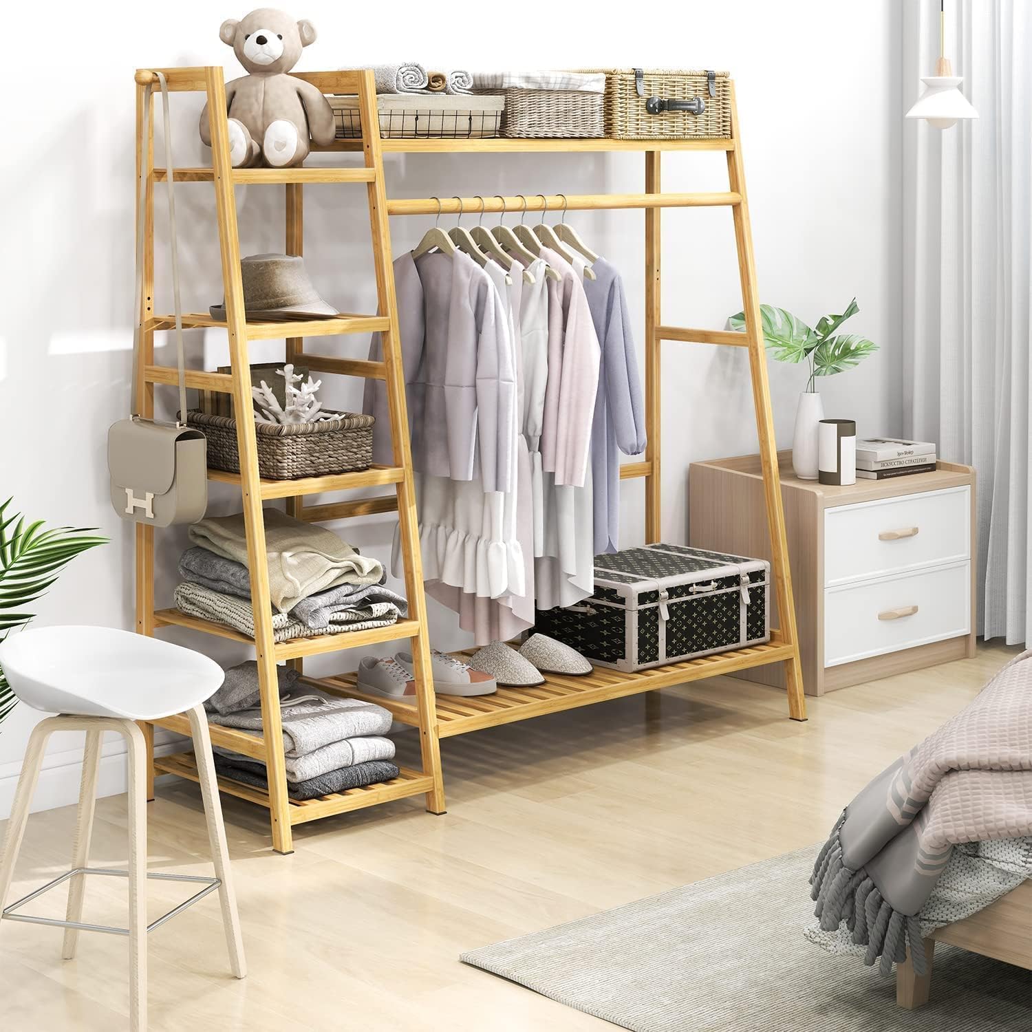Perchero de ropa extra grande organizador de ropa con estantes de almacenamiento de 7 niveles con gancho para colgar