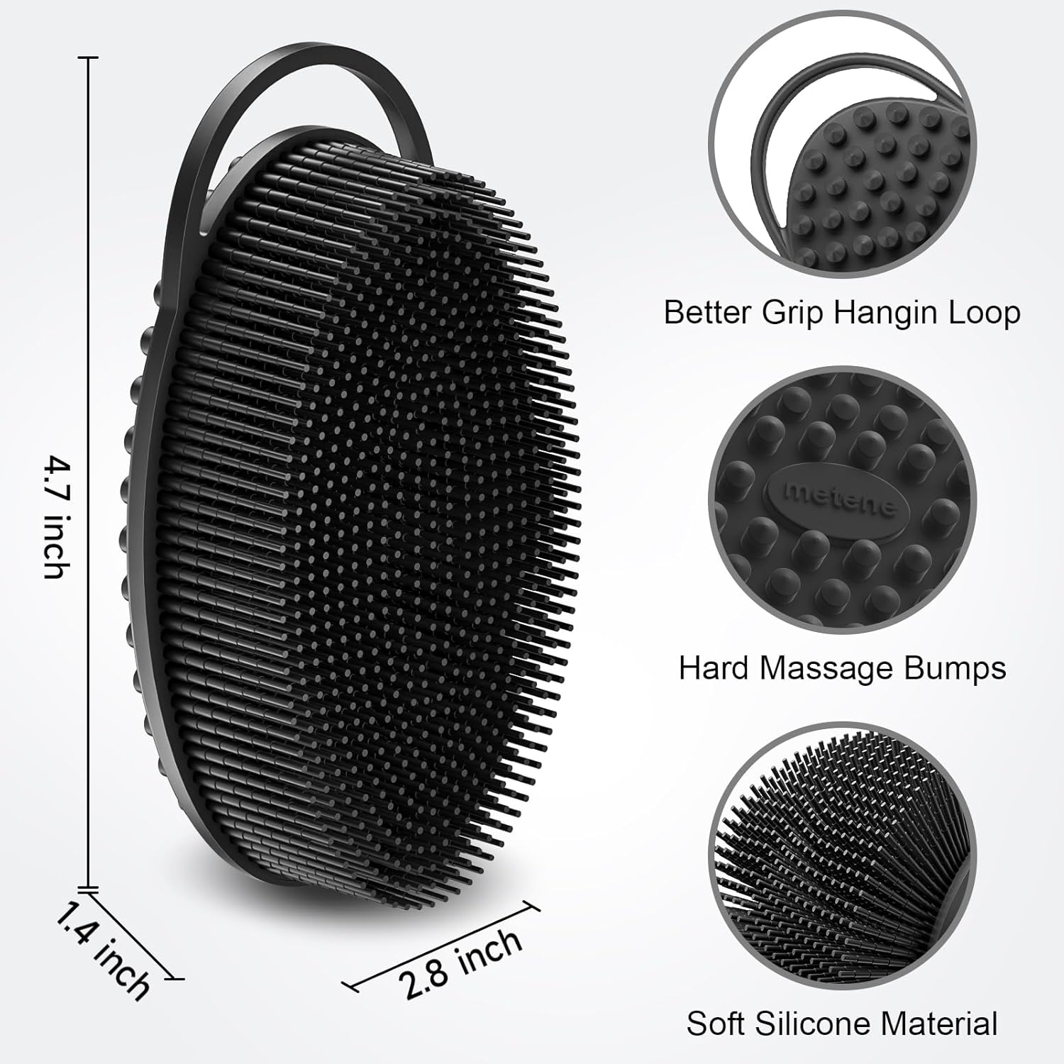 Metene Exfoliante corporal de silicona para ducha y baño, suave, enjabona bien, larga duración, color negro con lazo