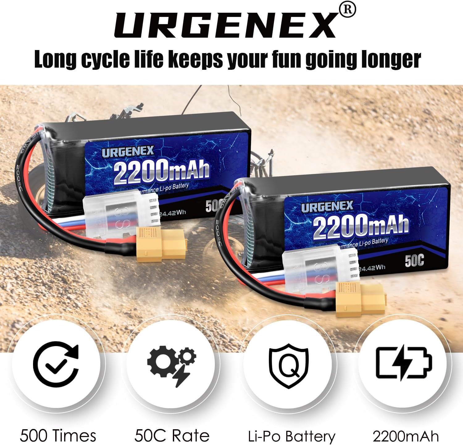 URGENEX 3S Lipo Batería 2200mAh 11.1V 50C (estallido 80C) Batería RC de alta tasa de descarga con enchufe XT60 para RC Car Truggy RC Avión FPV Drone