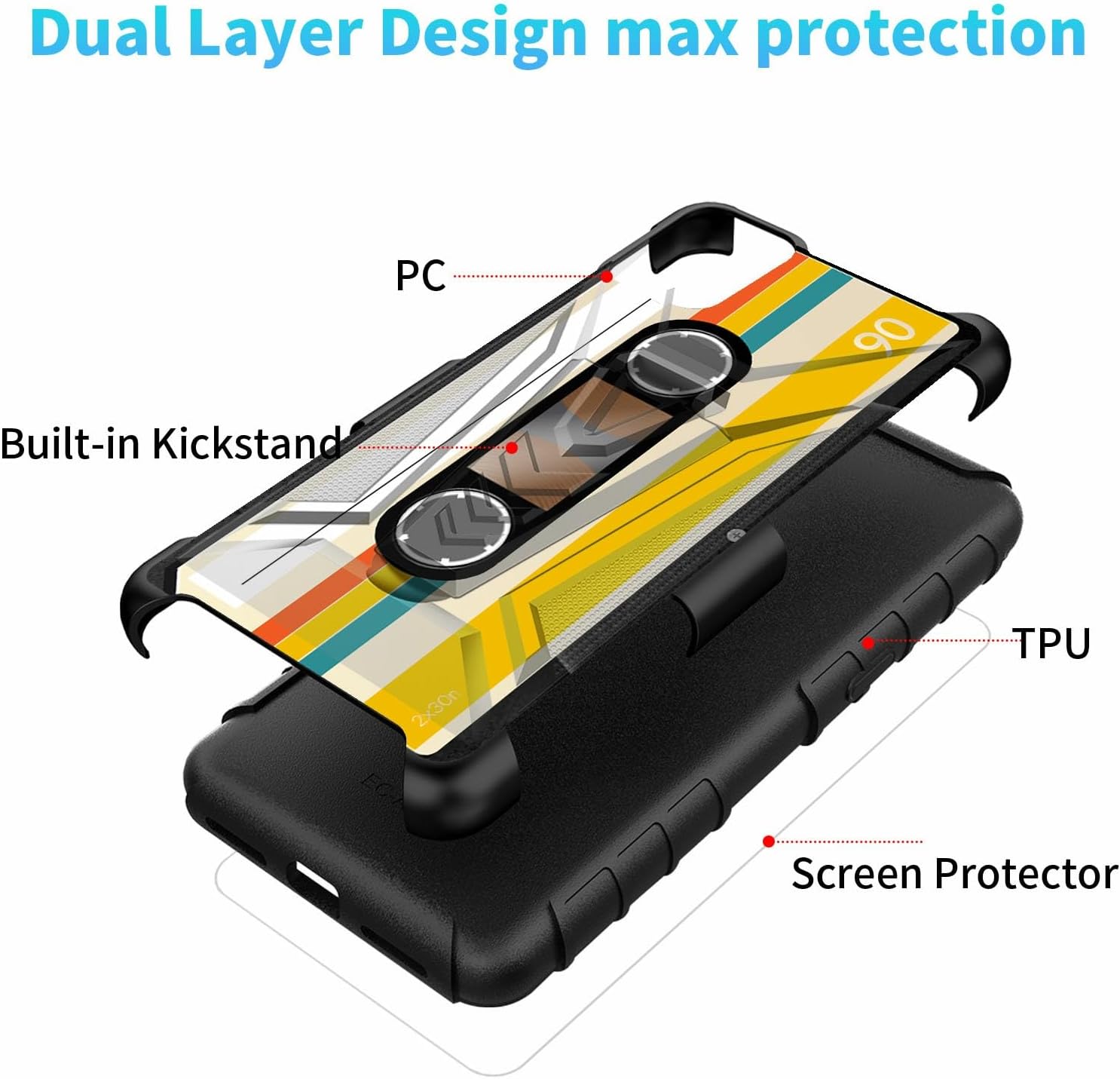 Funda para Alcatel TCL A3 A509DL con protector de pantalla de vidrio templado resistente de doble capa con soporte incorporado resistente a prueba