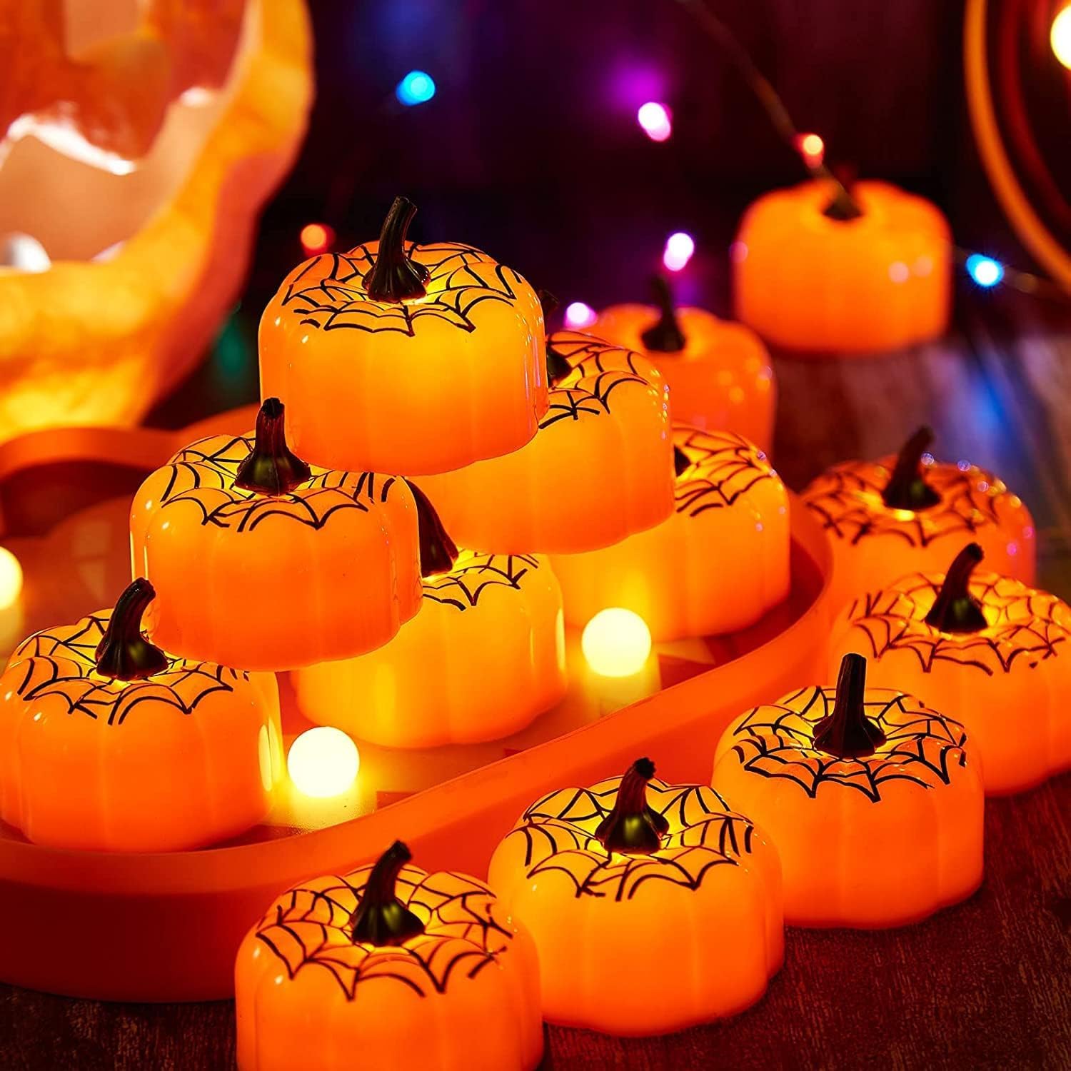 Luces de calabaza de Halloween, 12 luces LED de calabaza, luces de té de calabaza, mini candelita decorativa naranja para decoración de Halloween,