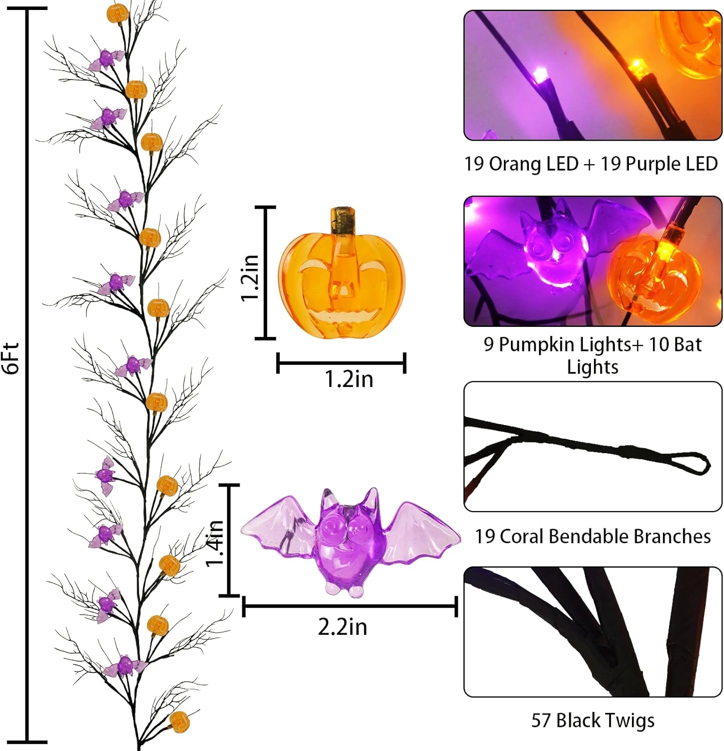 Guirnalda de decoración de ramitas de sauce de Halloween de 6 pies con 57 luces LED con temporizador, 9 calabazas y 7 murciélagos, impermeable,